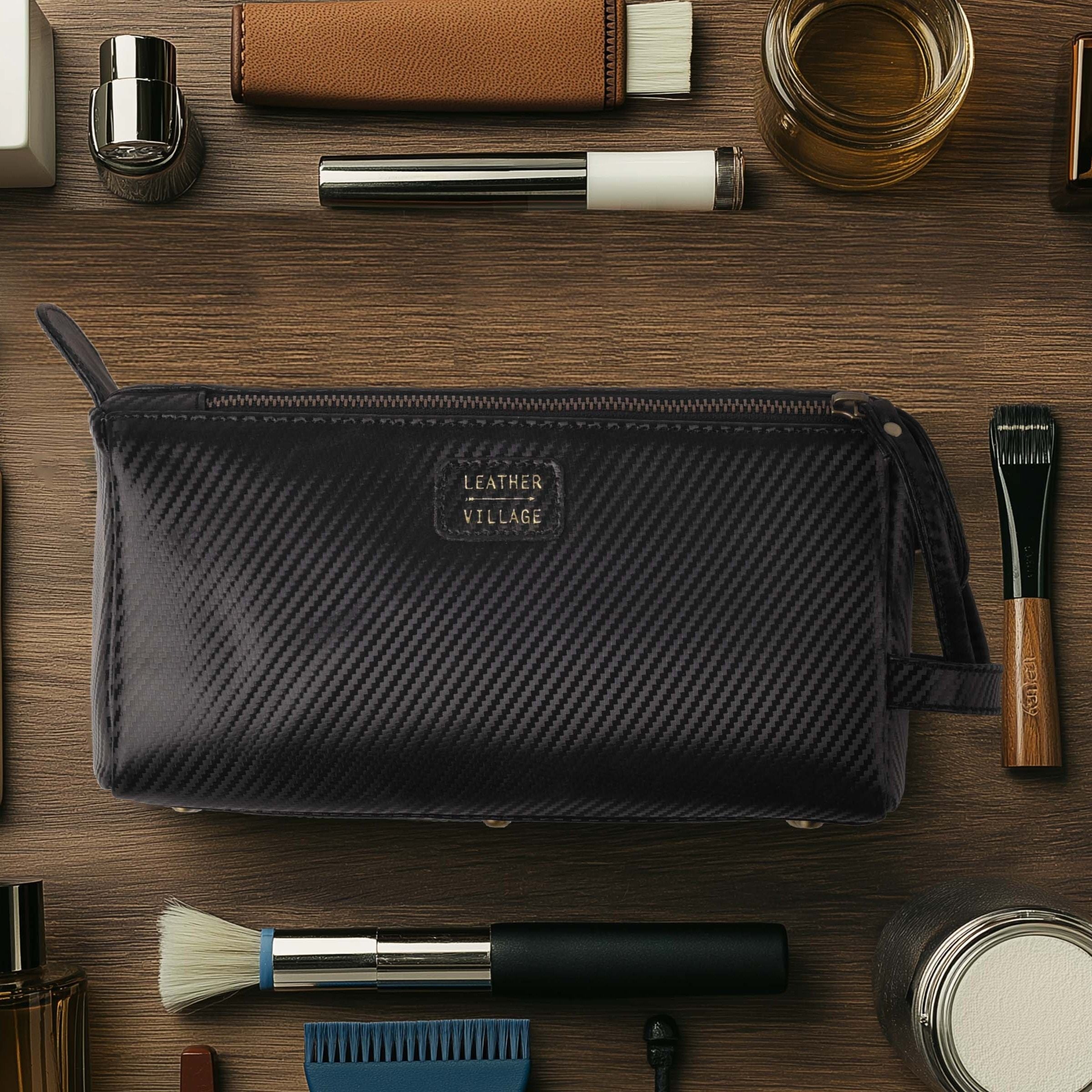 Black Carbon Fiber  Leather Toiletry Bag For Travel