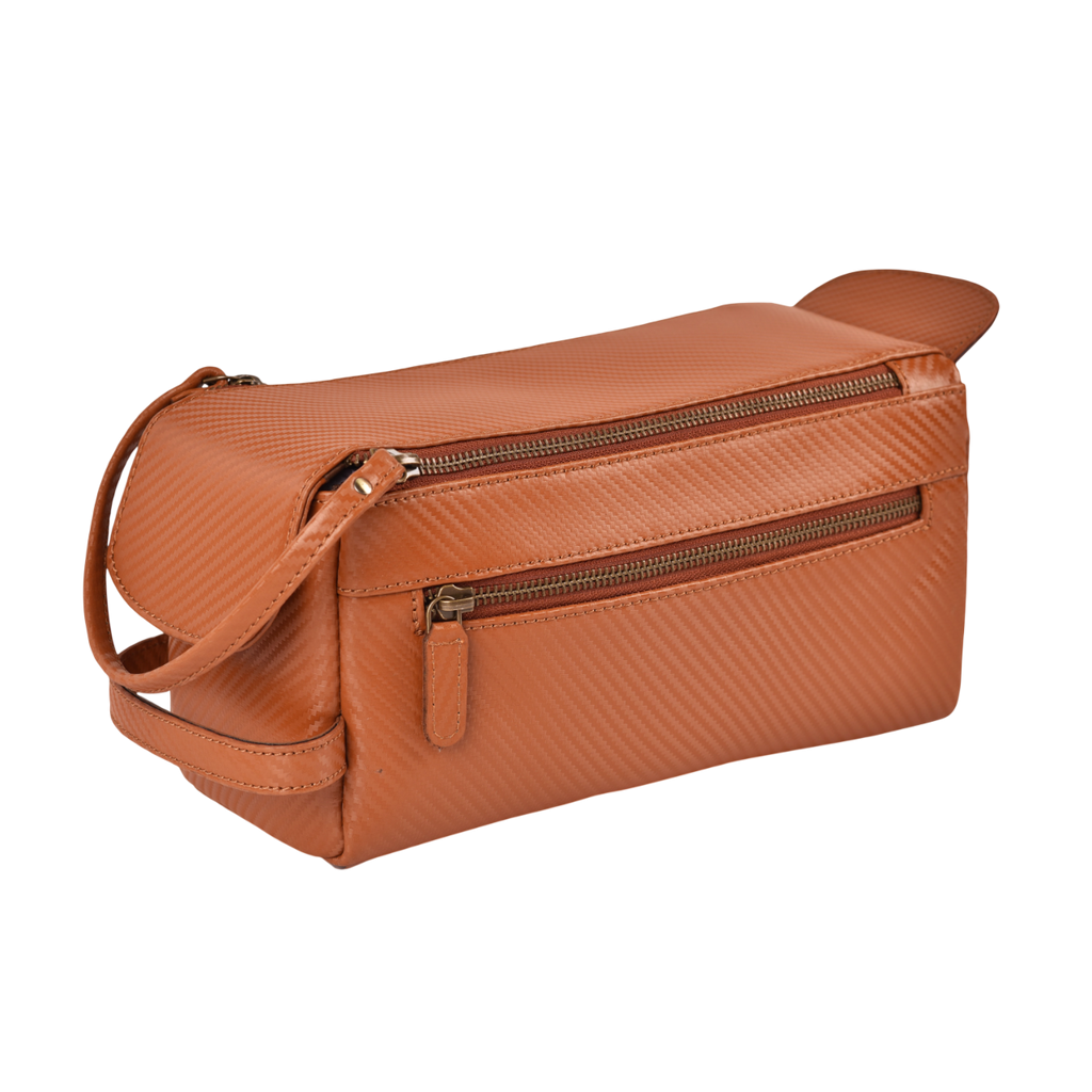 Tan Carbon Fiber  Leather Toiletry Bag For Travel