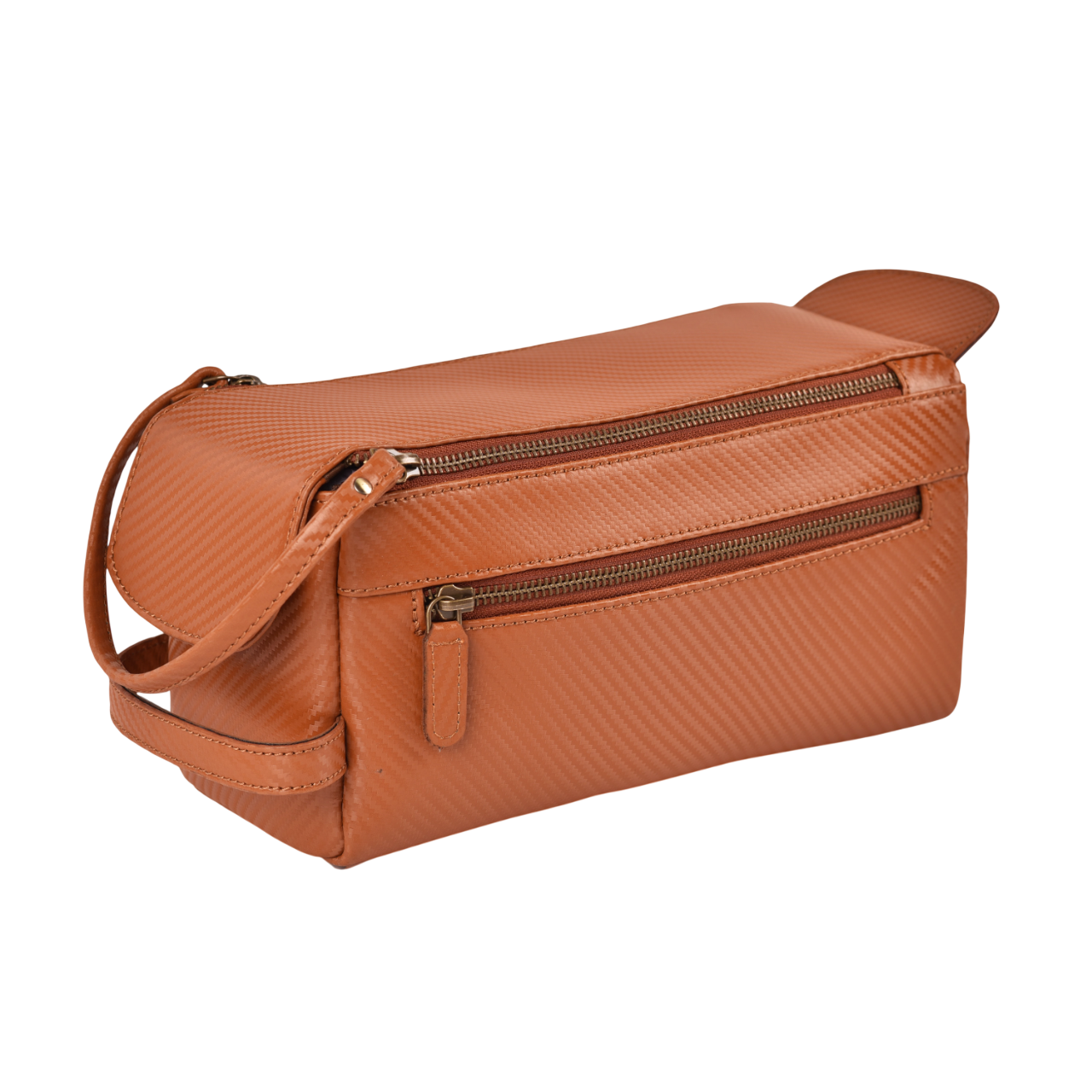 Tan Carbon Fiber  Leather Toiletry Bag For Travel