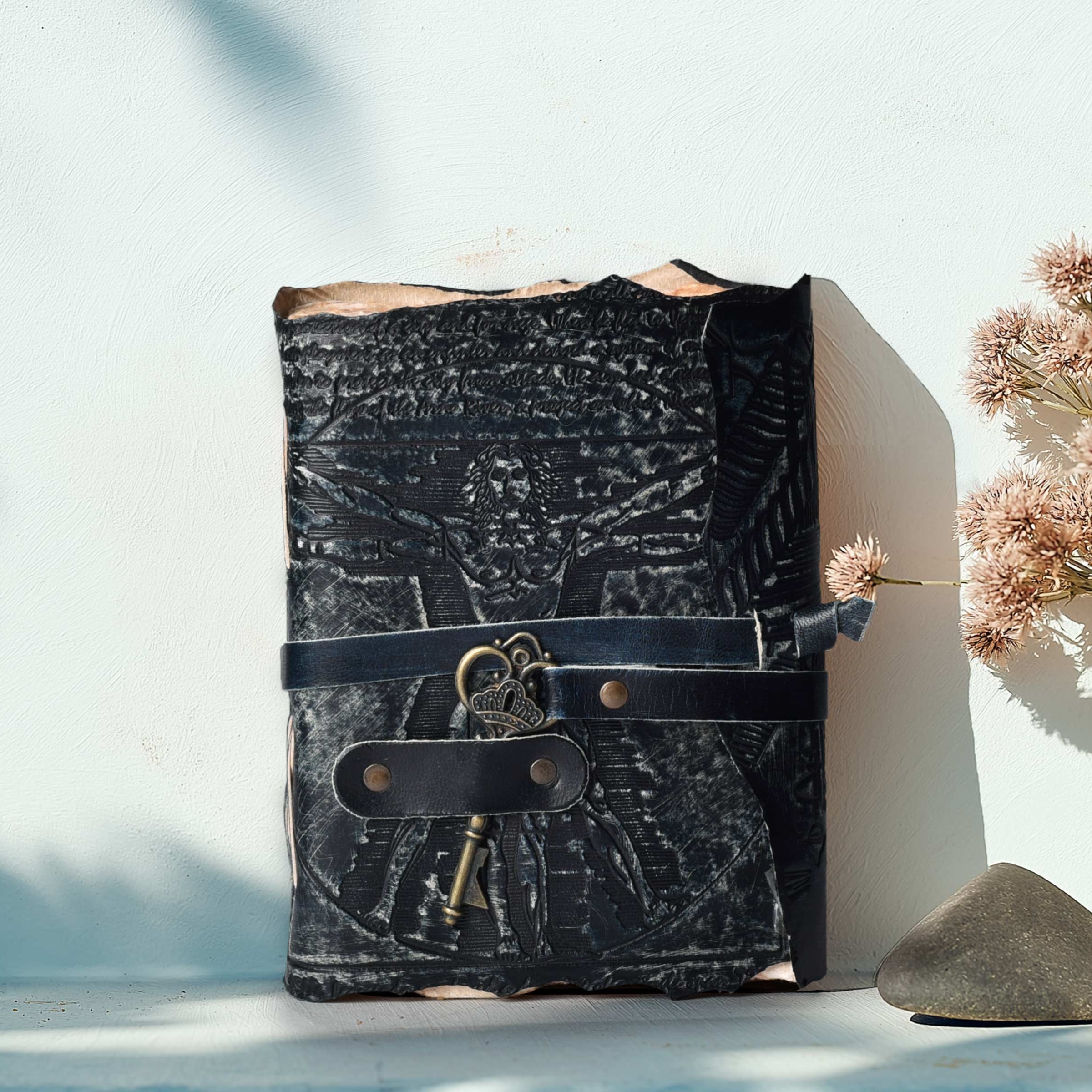Genuine Leather Handmade Journal for Men & Women- Key Closure-Handmade Embossed Journal- 7x5 Inches- Black