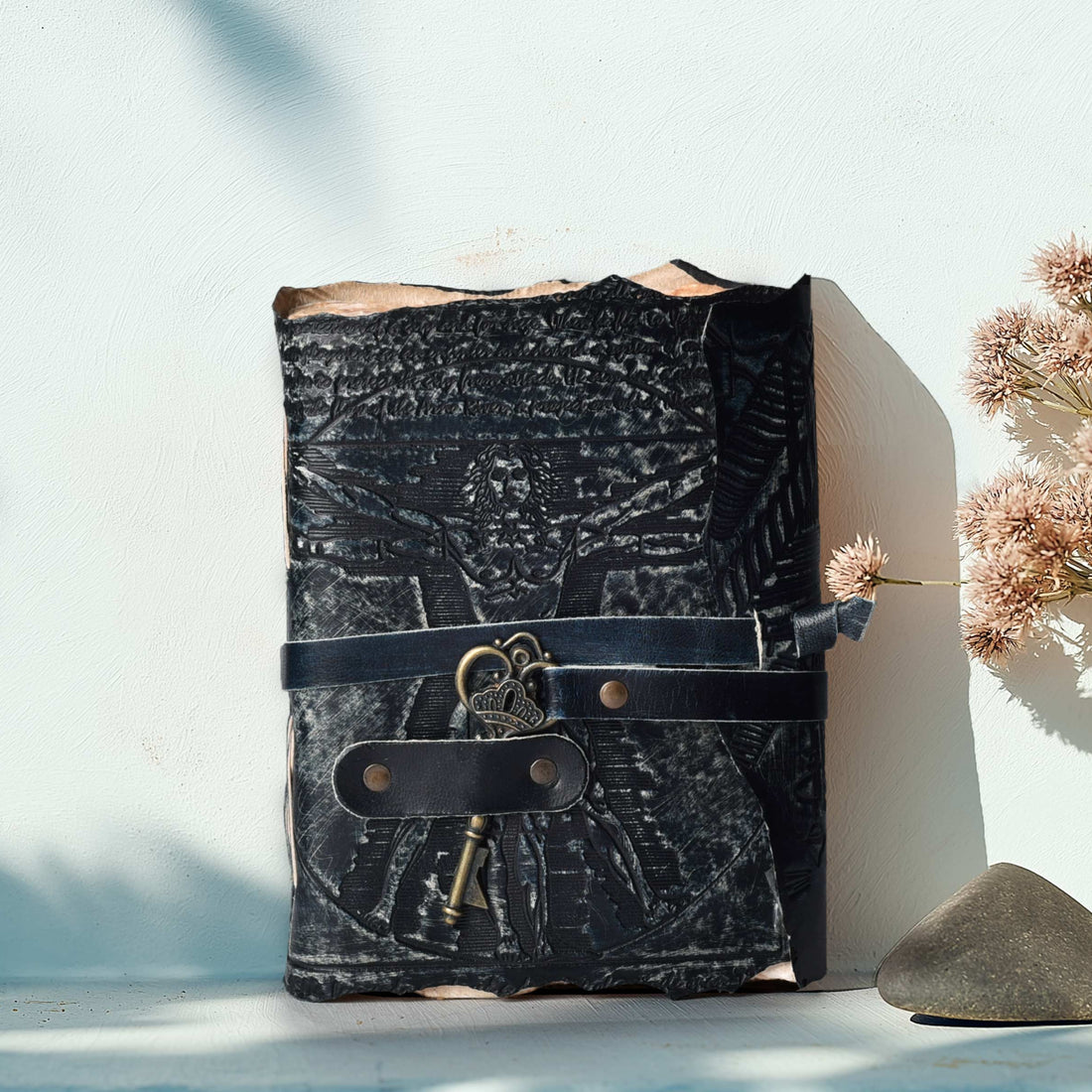 Genuine Leather Handmade Journal for Men & Women- Key Closure-Handmade Embossed Journal- 7x5 Inches- Black