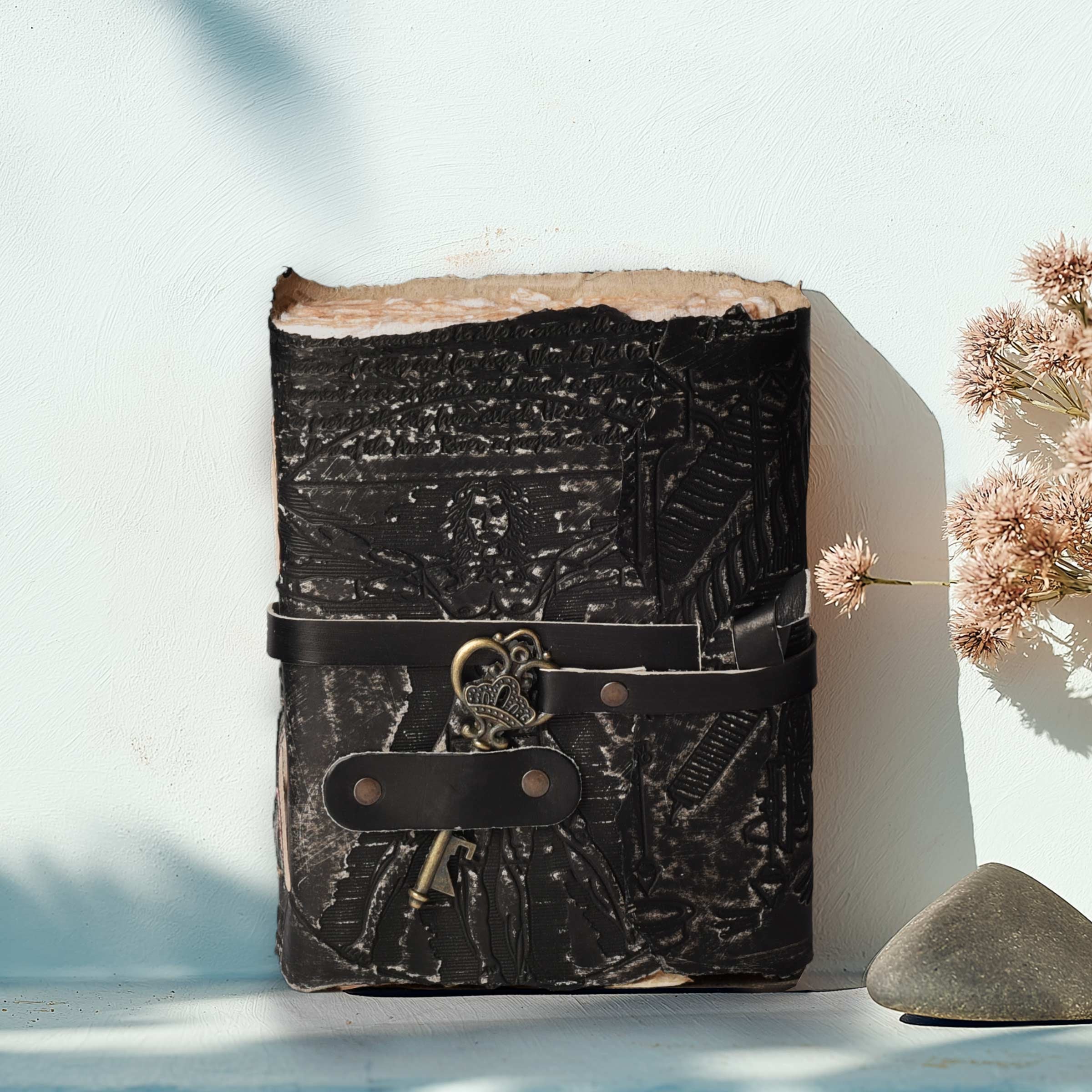 Genuine Leather Handmade Journal for Men & Women- Key Closure-Handmade Embossed Journal- 7x5 Inches- Black