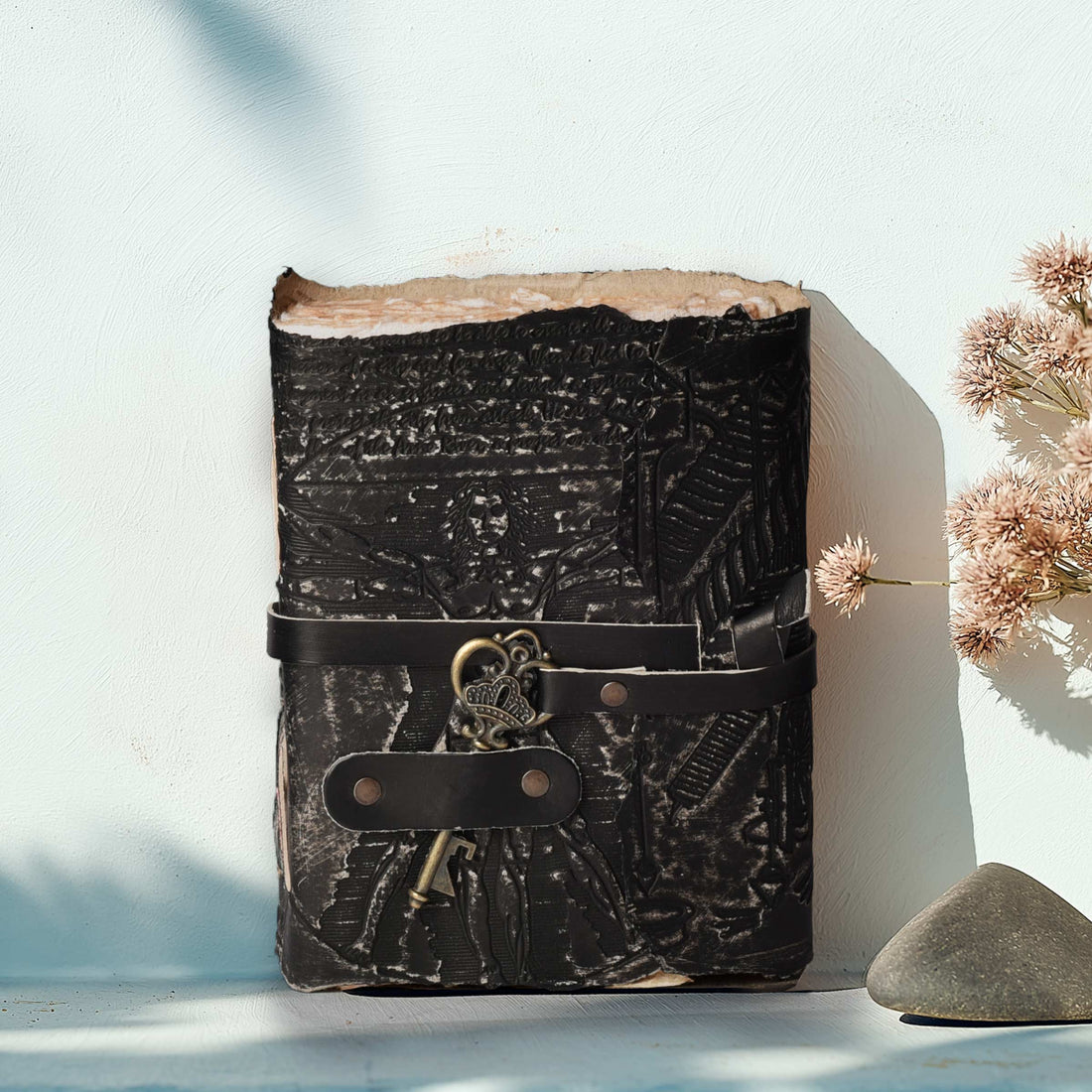 Genuine Leather Handmade Journal for Men & Women- Key Closure-Handmade Embossed Journal- 7x5 Inches- Black