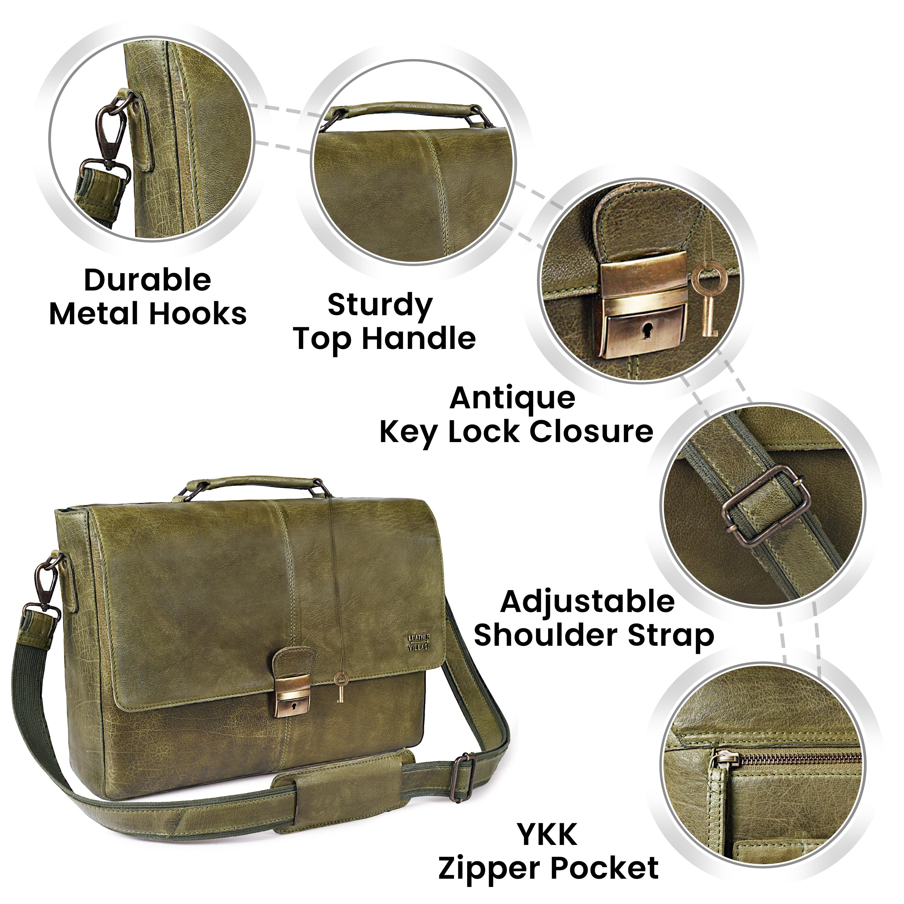 Leather Messenger Bag for Men & Women - Olive