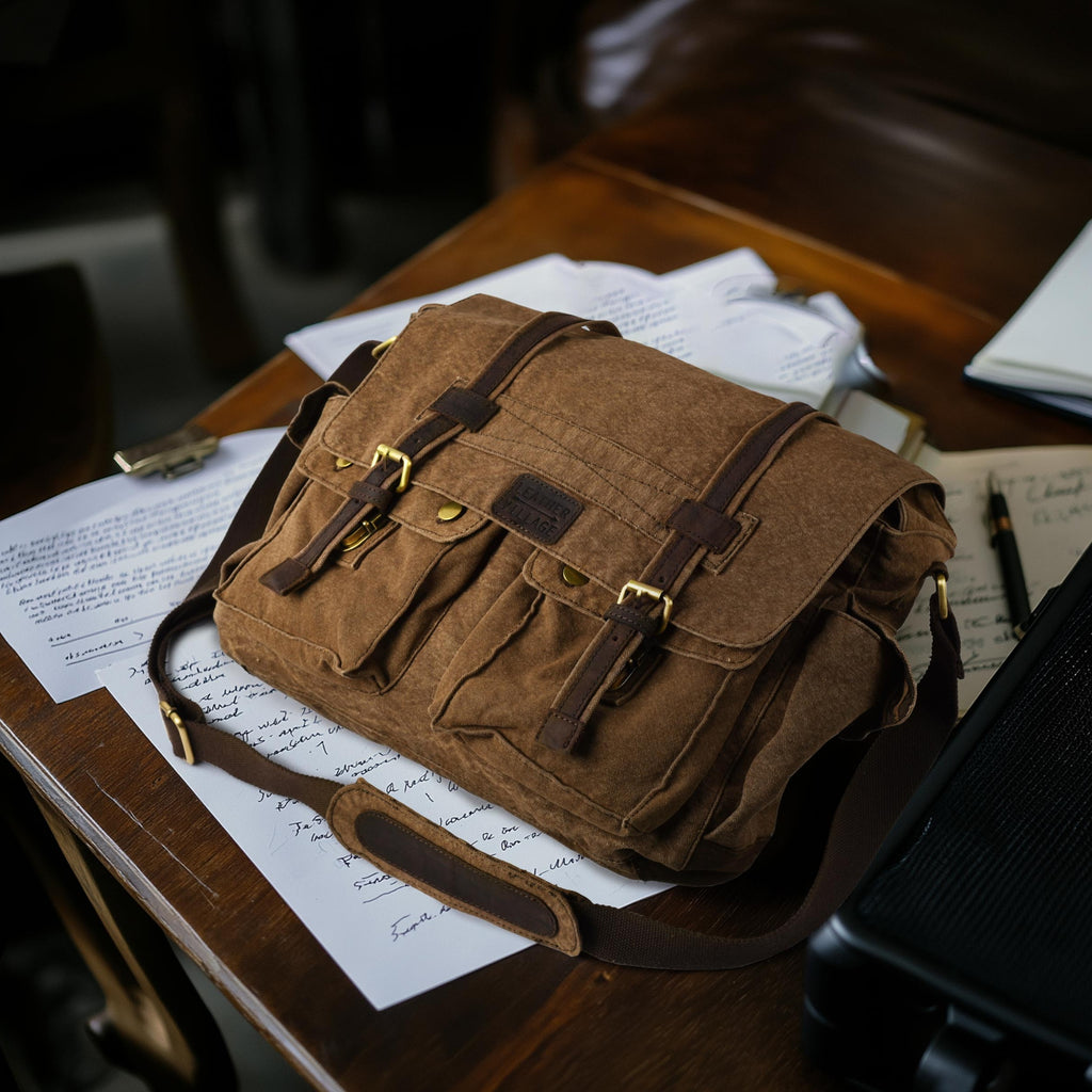 Canvas Messenger Shoulder Bag - Tan