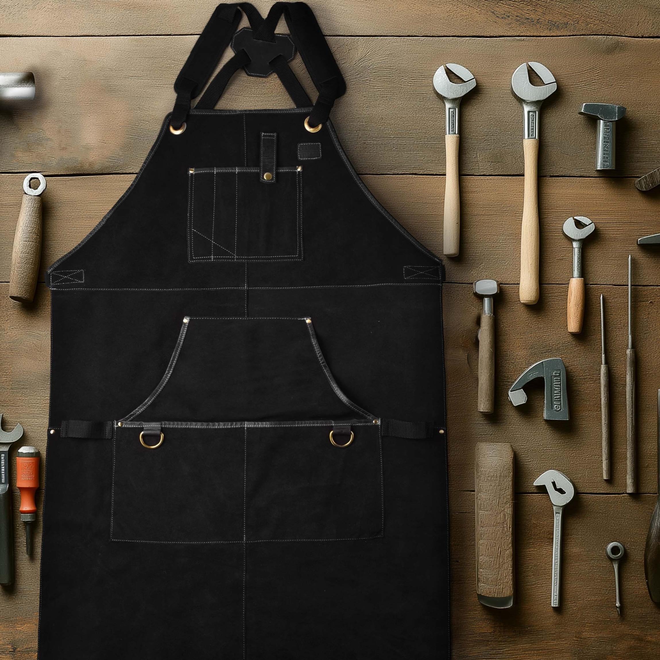 Black Leather Tool Apron – Suede Leather Bib Apron for Woodworking