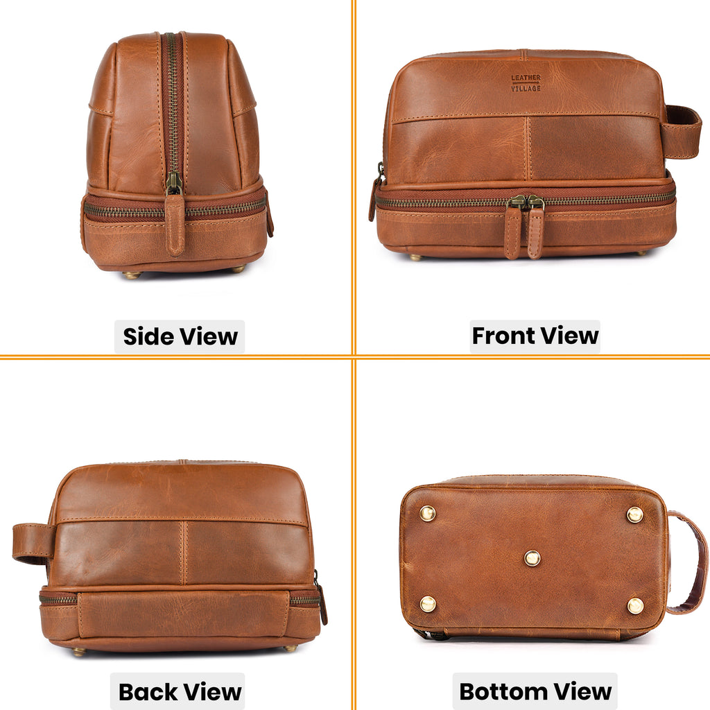 Leather Village genuine leather dopp kit with dual zipper compartments
