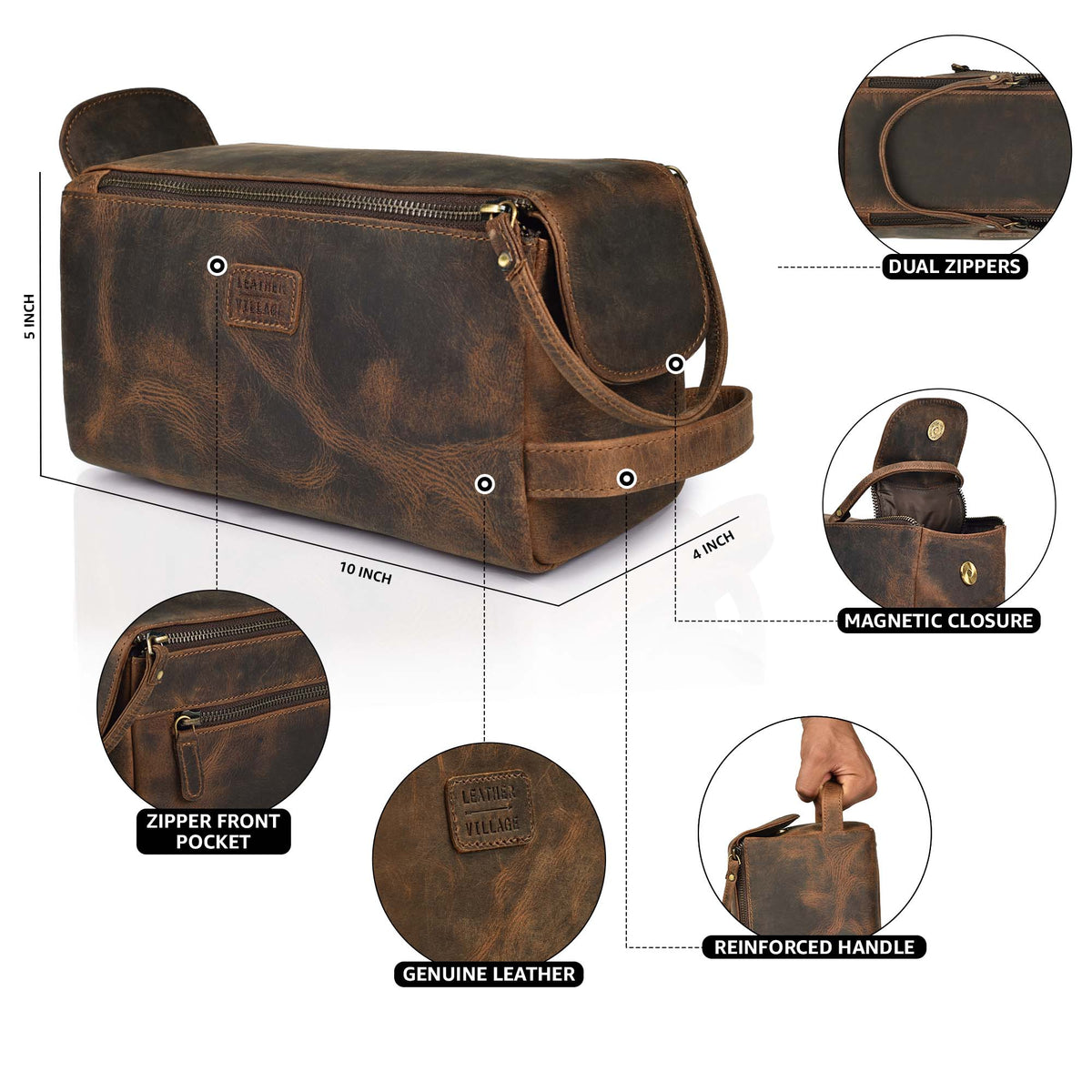 Leather Toiletry Bag – Rustic Brown – Travel Dopp Kit for Men & Women