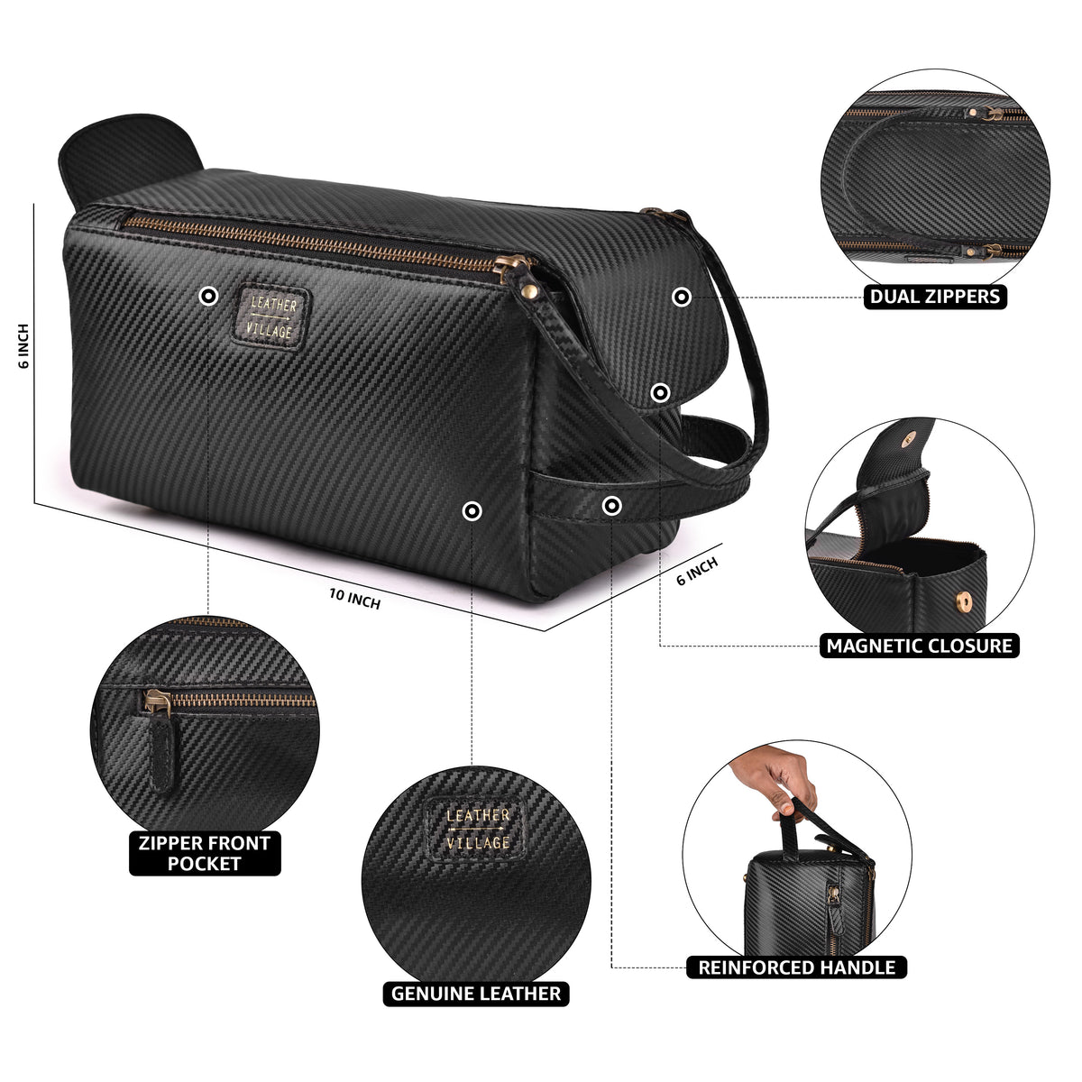 Premium Carbon Leather Travel Toiletry Bag - Large Compact Dopp Kit, Water-Resistance Shaving & Cosmetic Organizer for Men & Women