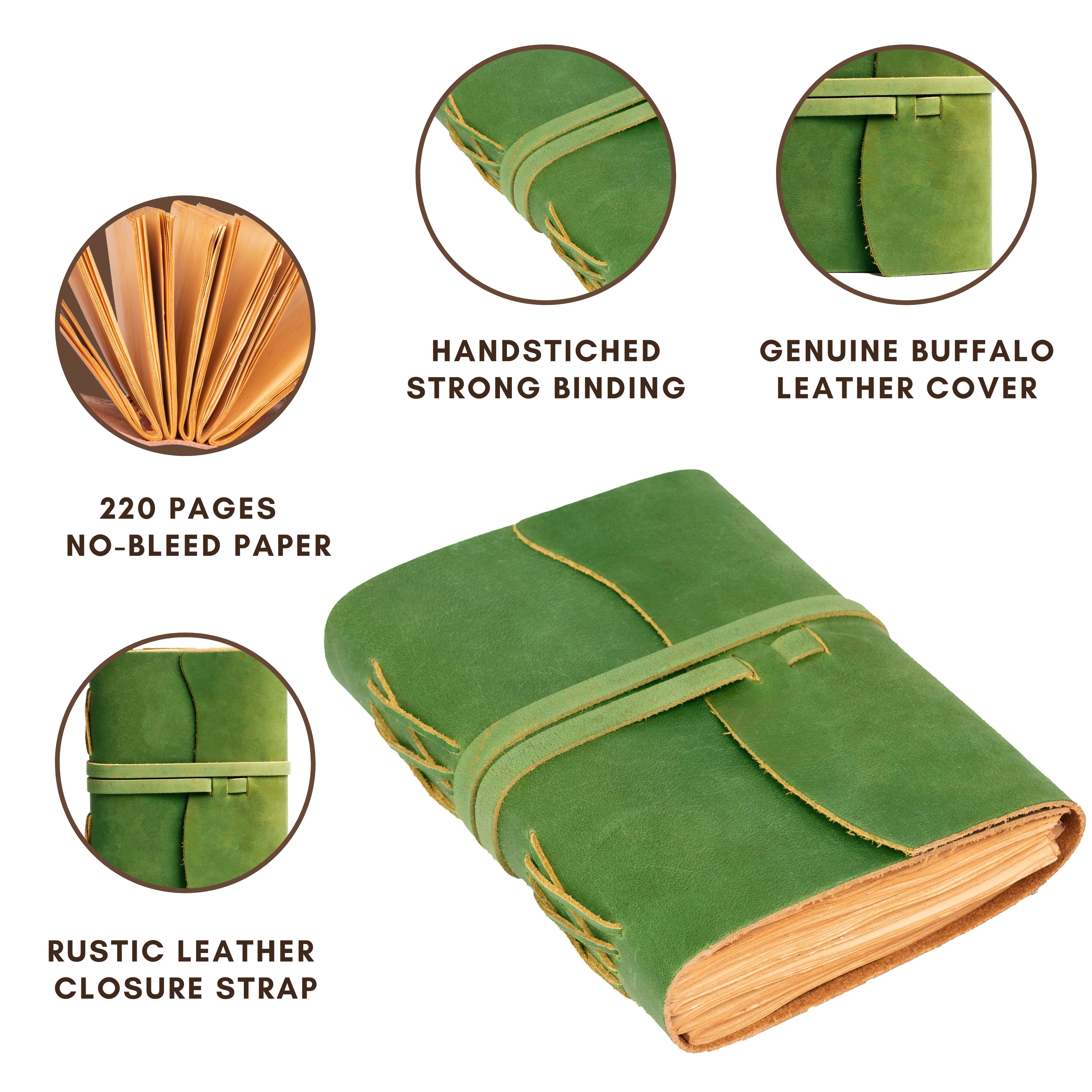 Green Color - Leather Bound Travel Journal Notebook Planner - Blank Paper - 220 Pages