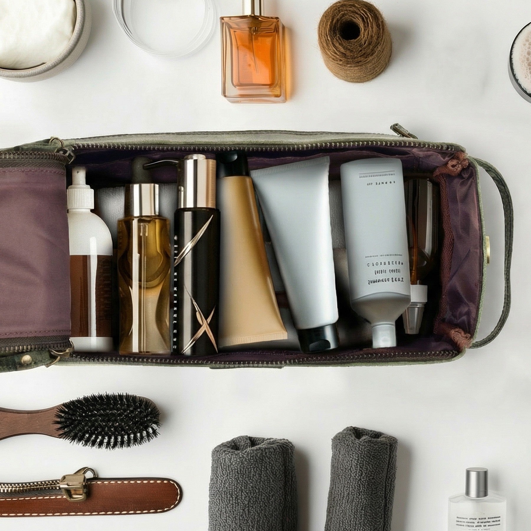 Leather Toiletry Bag for Travel - Olive