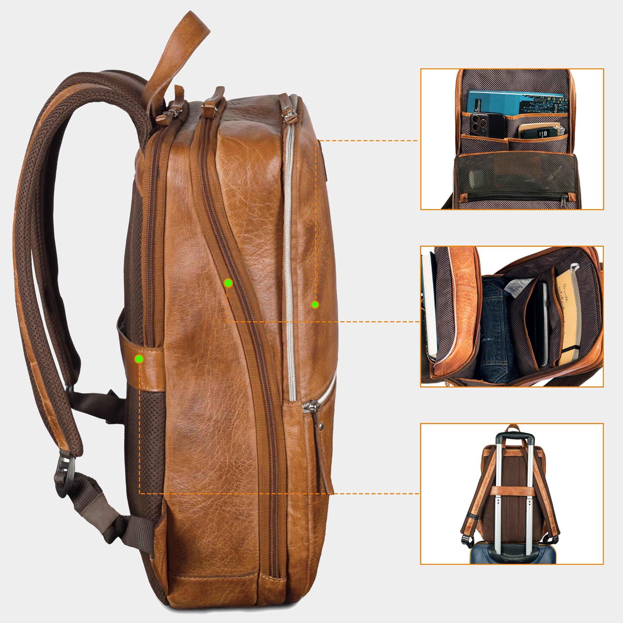 Tan Brown Leather Laptop Backpack for Work & Travel
