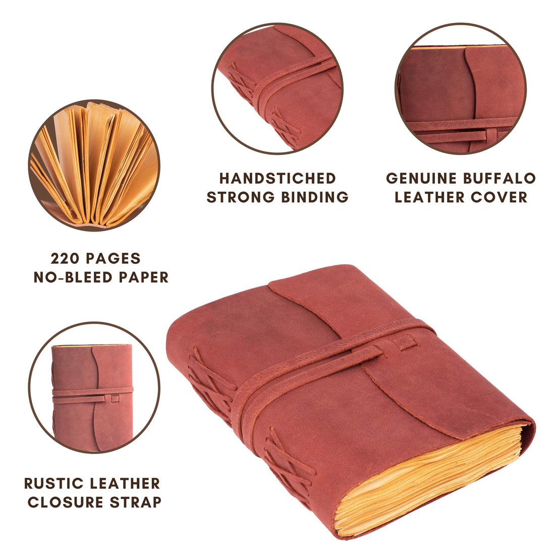 Fuchsia Color - Leather Bound Travel Journal Notebook Planner - Blank Paper - 220 Pages