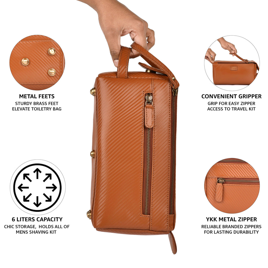 Tan Carbon Fiber  Leather Toiletry Bag For Travel