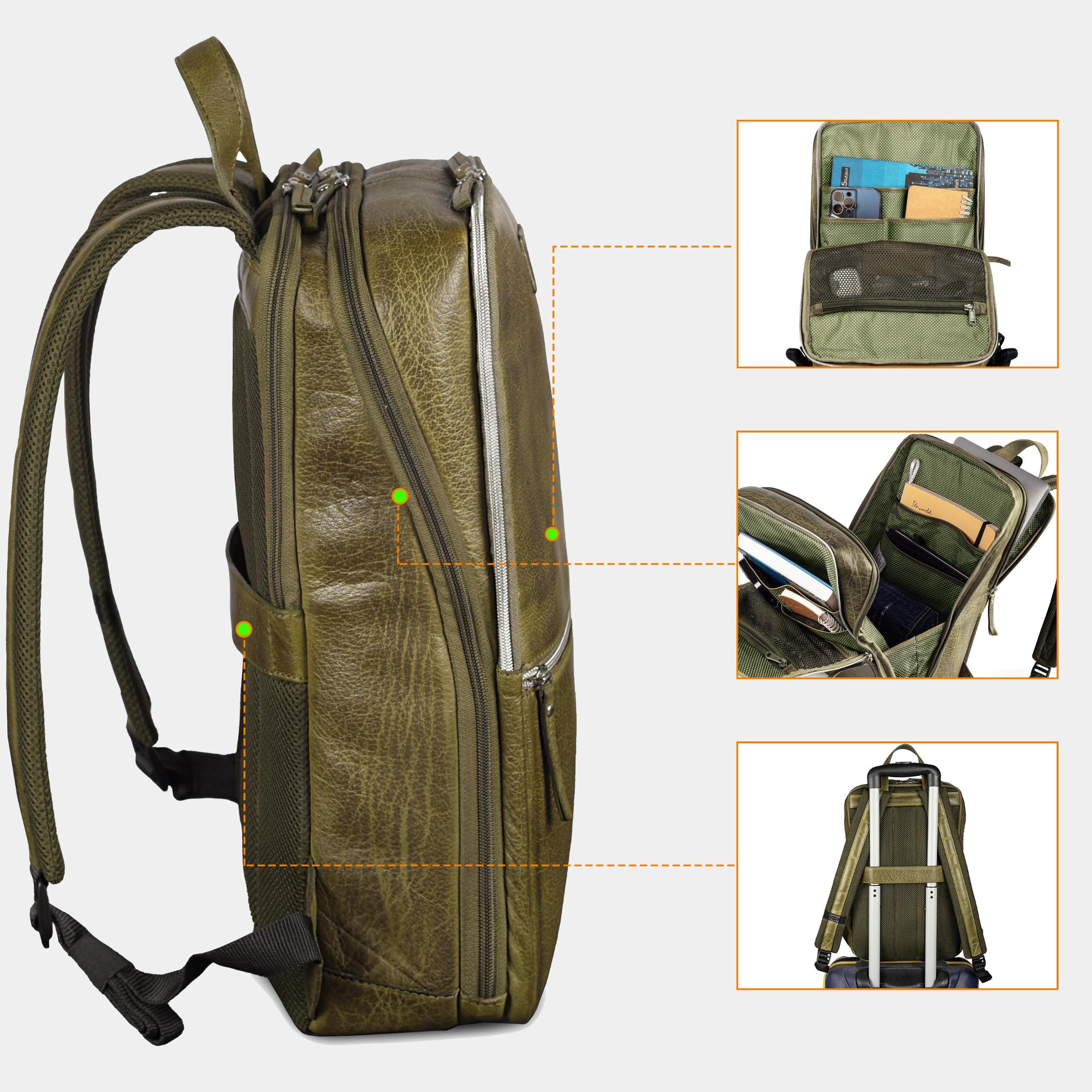 Olive Leather Laptop Backpack for Work & Travel