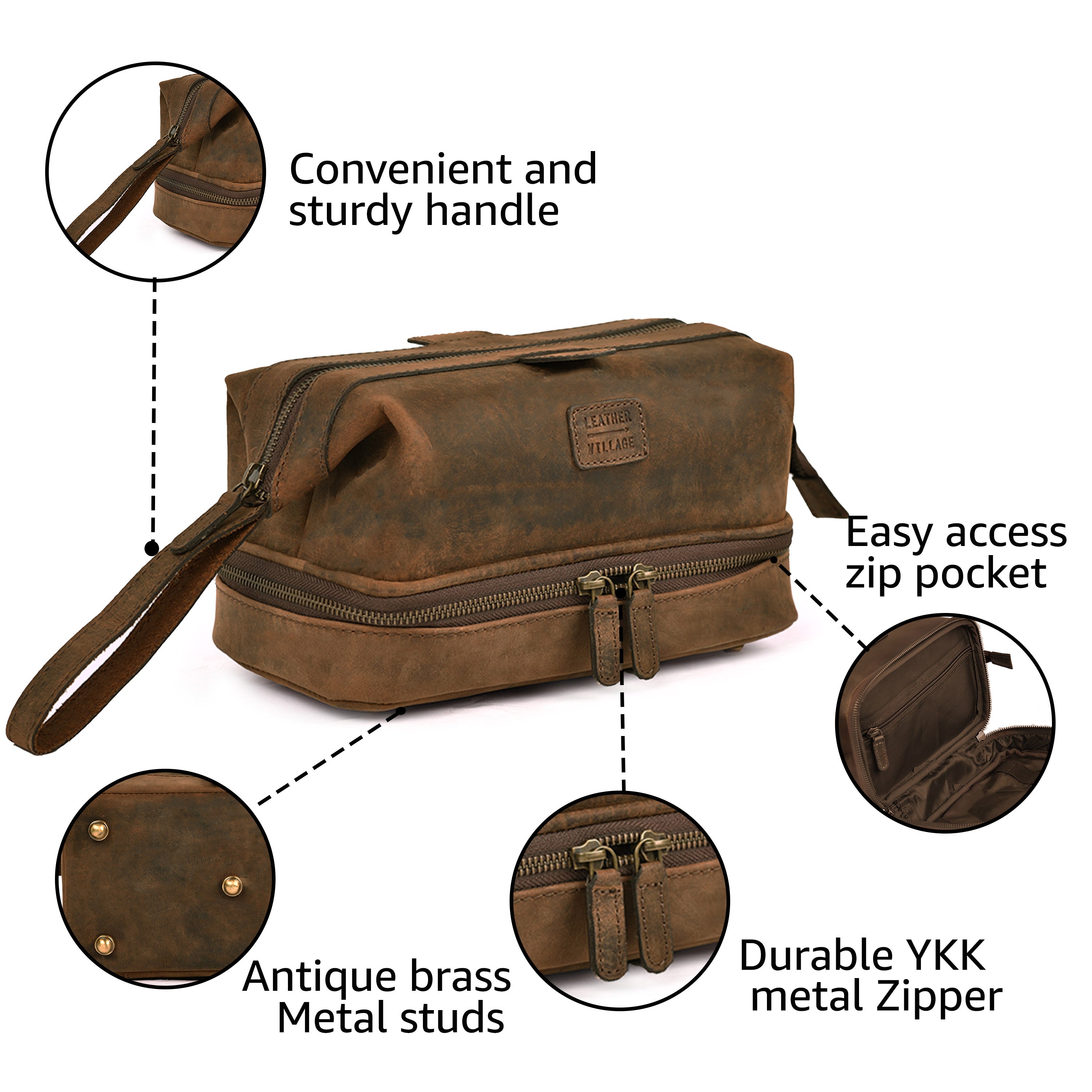 men's bath travel bag with compartments Brown Leather Dopp Kit – Travel Toiletry Bag