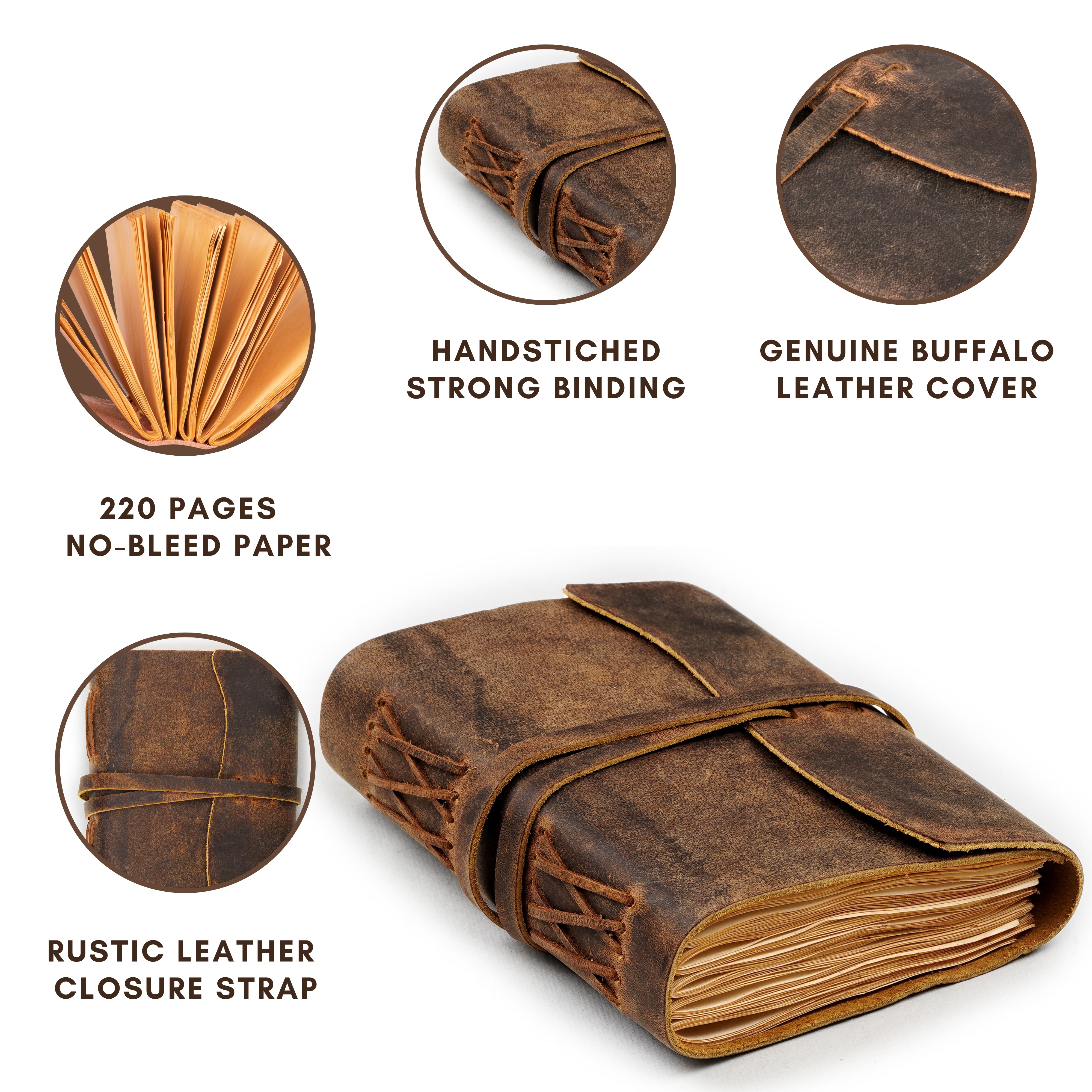 Brown Color - Leather Bound Travel Journal Notebook Planner - Blank Paper - 220 Pages