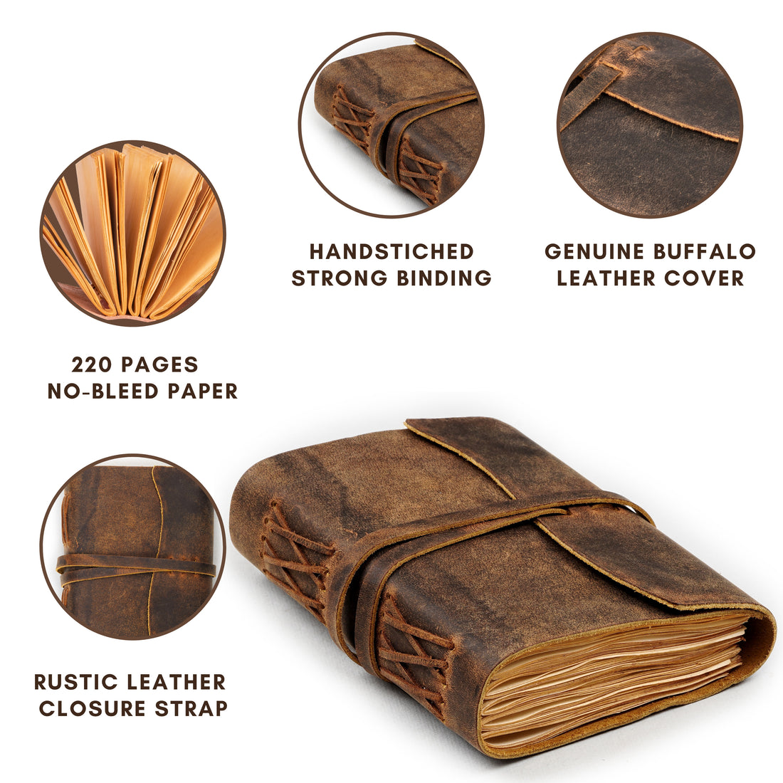 Brown Color - Leather Bound Travel Journal Notebook Planner - Blank Paper - 220 Pages