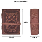 Rustic brown leather diary featuring embossed owl artwork and antique pages