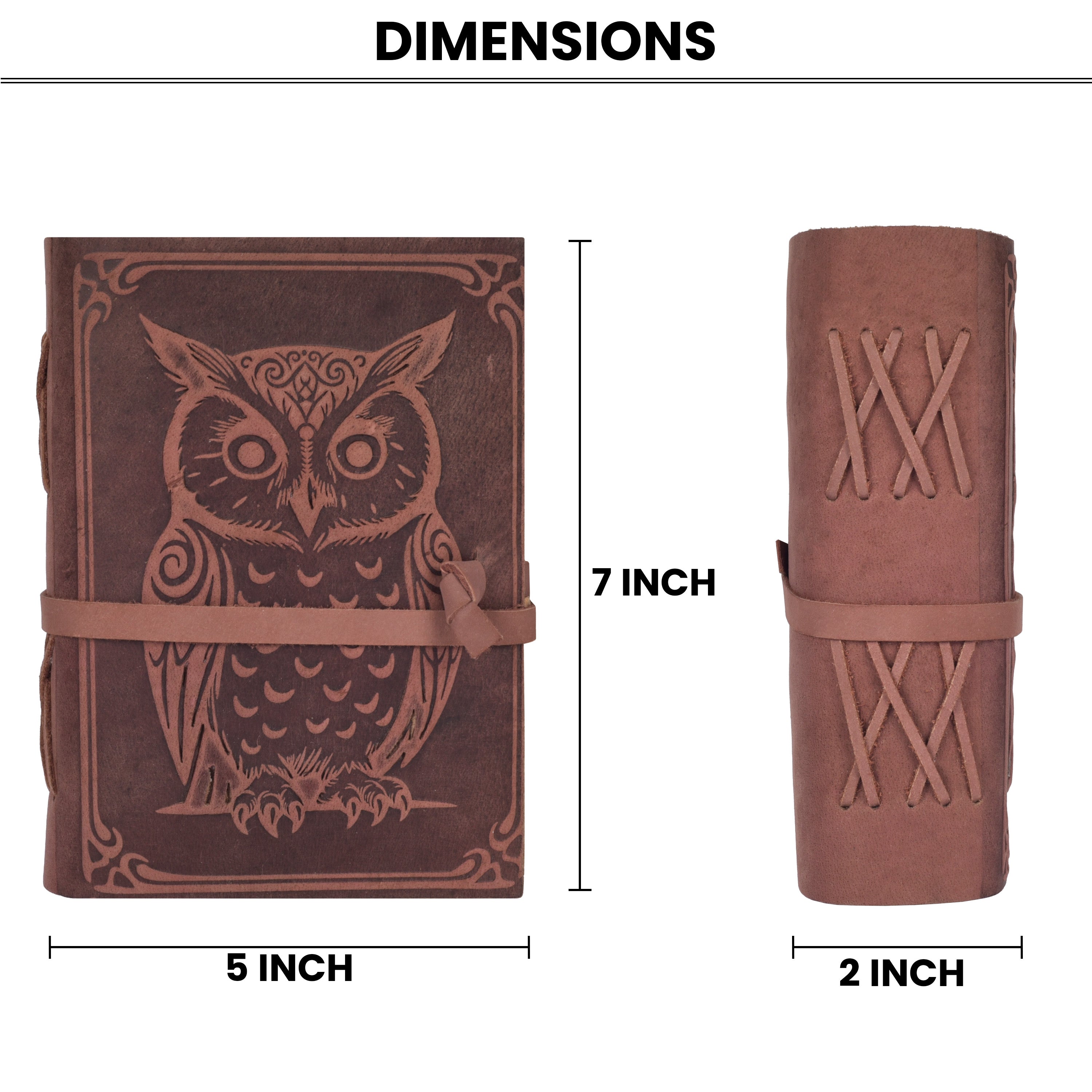 Rustic brown leather diary featuring embossed owl artwork and antique pages
