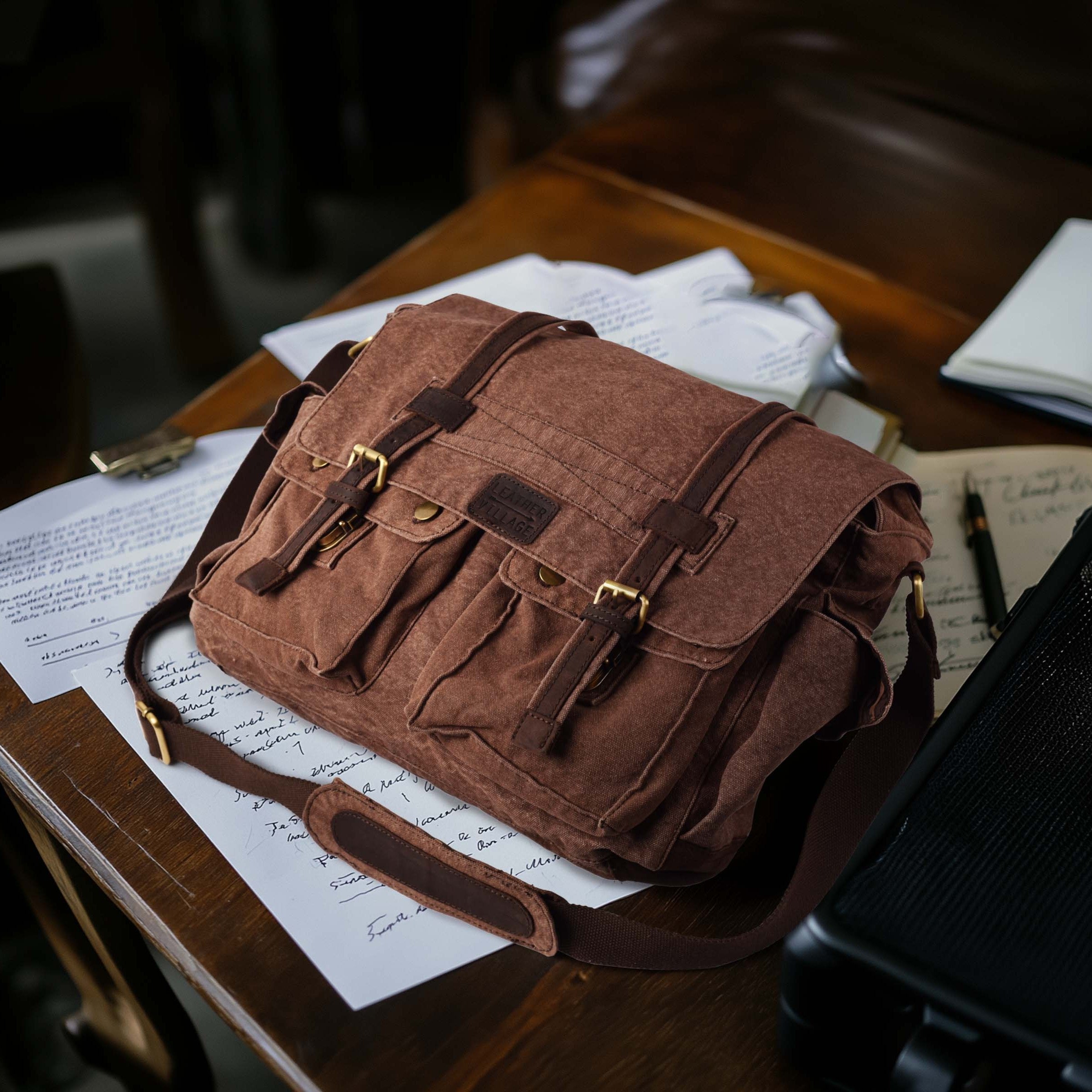 Canvas Messenger Shoulder Bag - Brown