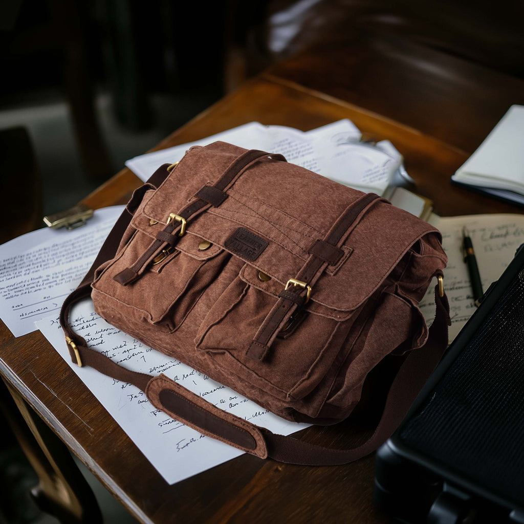 Canvas Messenger Shoulder Bag - Brown