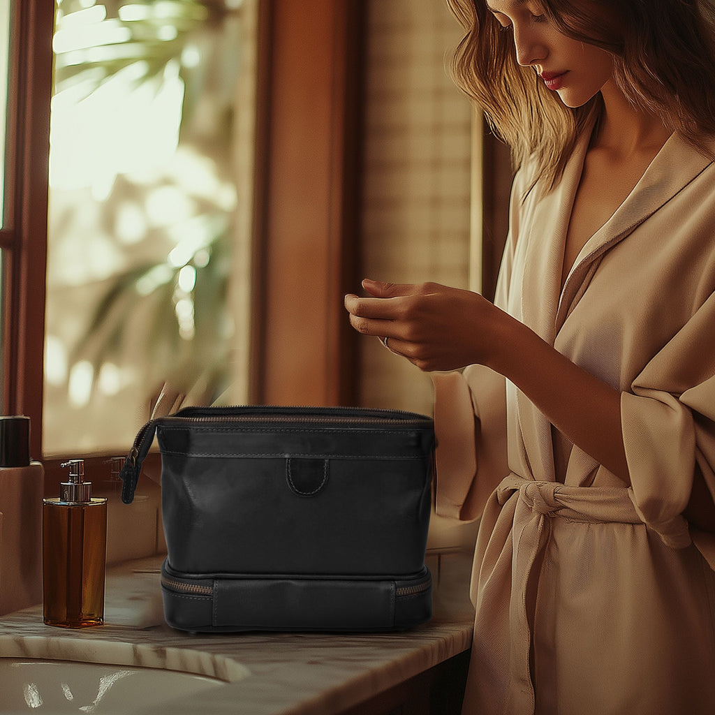 Black Leather Dopp Kit – Travel Toiletry Bag