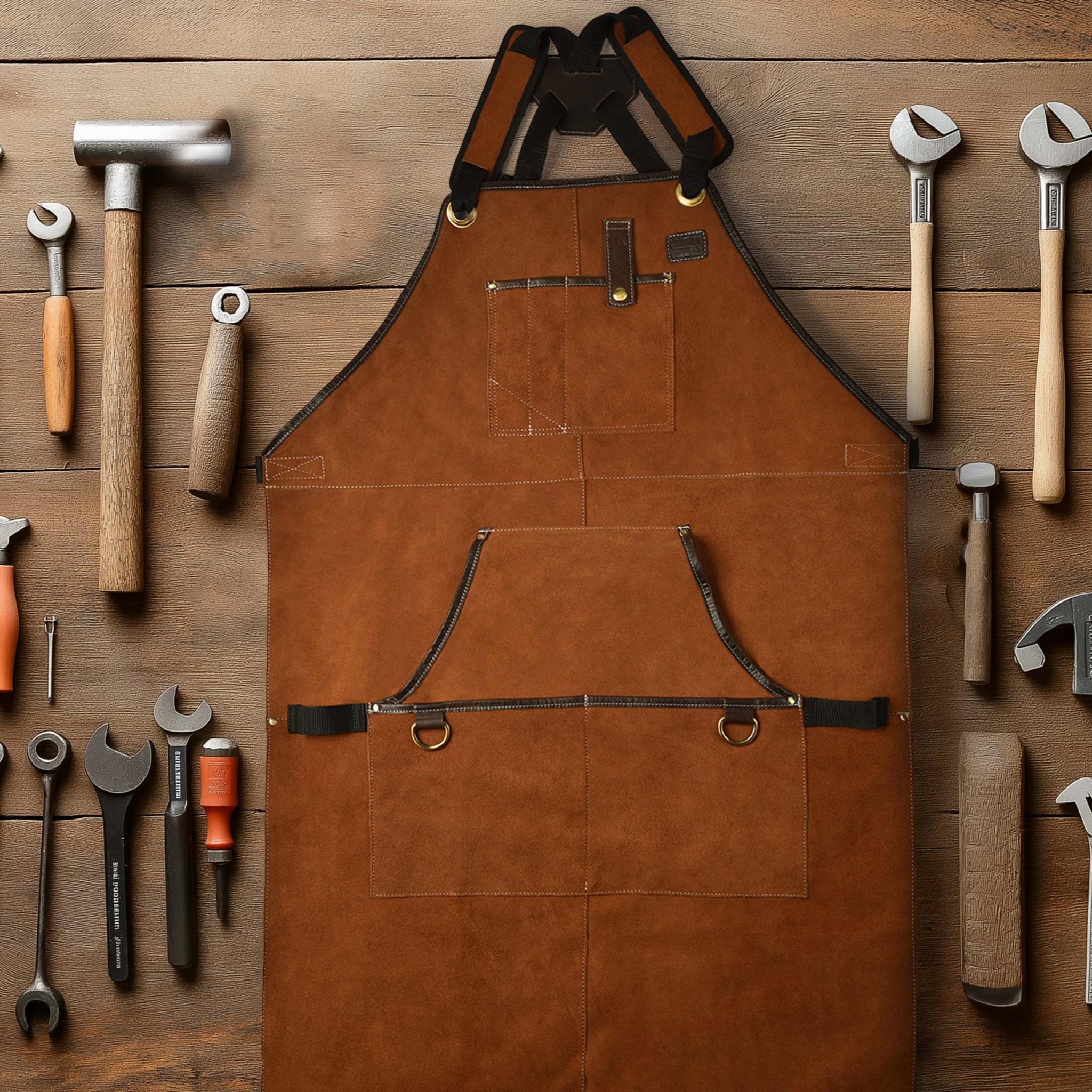 Tan Leather Tool Apron – Suede Leather Bib Apron for Woodworking