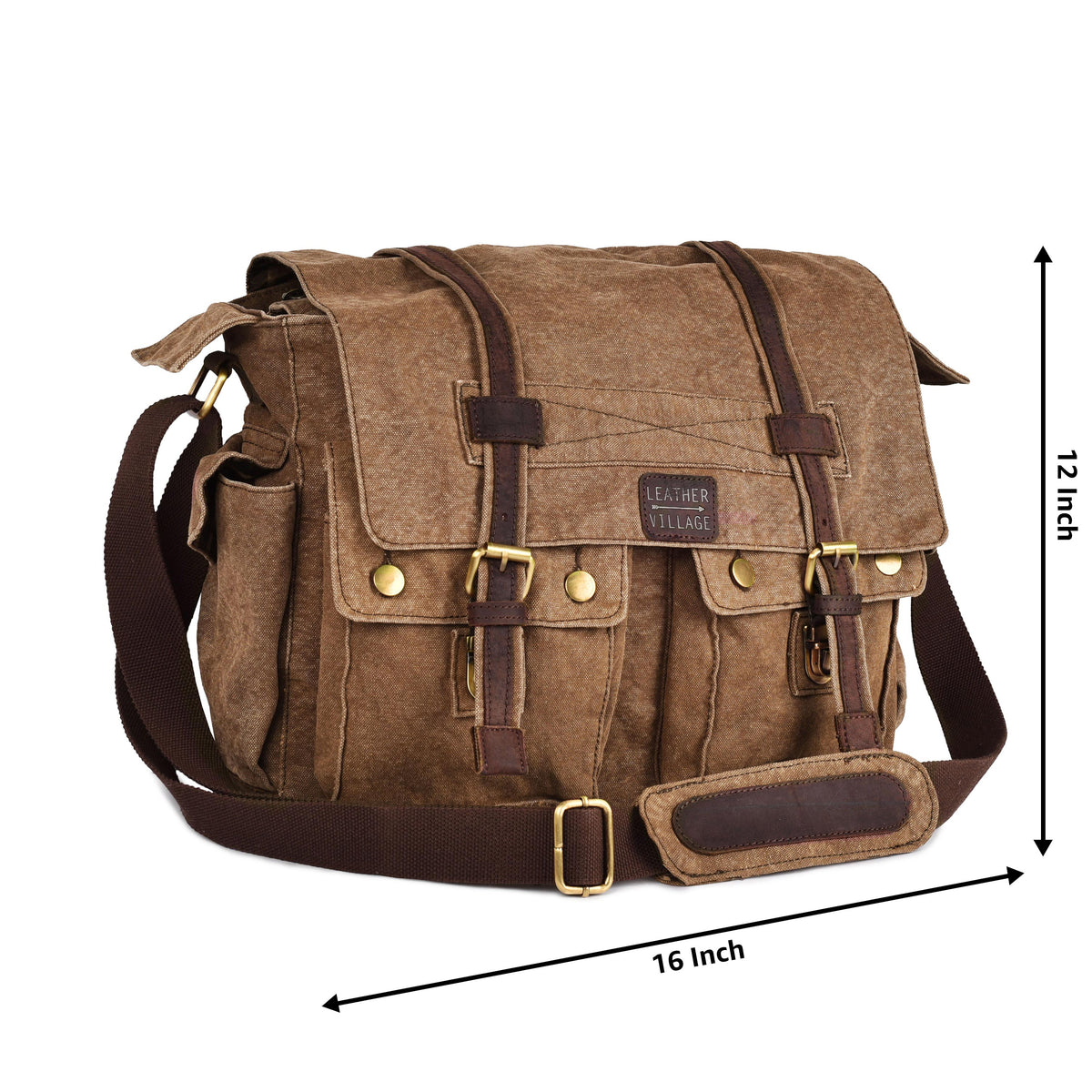 Vintage Canvas Messenger Bag – 16 Inch Handmade Laptop Shoulder Bag for Men & Women – Crossbody Work Bag for Office, Travel & Daily Use - Brown