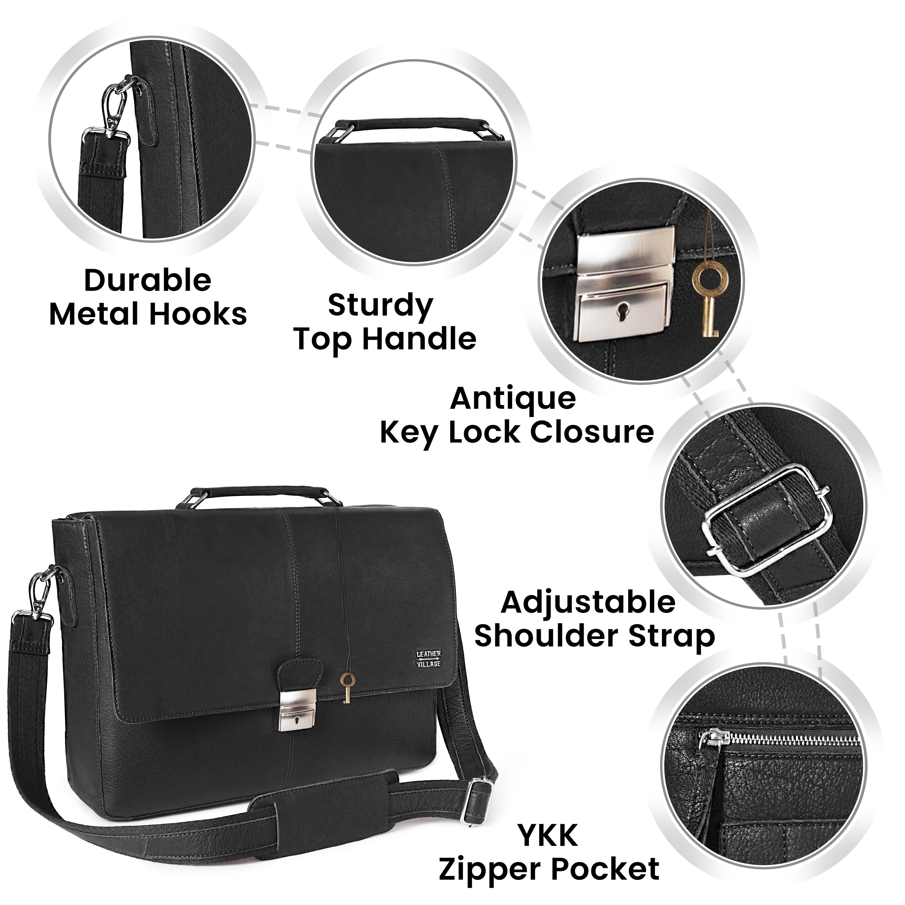 Leather Messenger Bag for Men & Women - Black