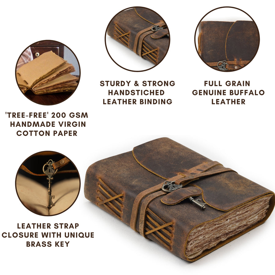 HANDCRAFTED VINTAGE LEATHER JOURNAL WITH ANTIQUE KEY - BOOK OF SHADOWS JOURNAL FOR MEN & WOMEN