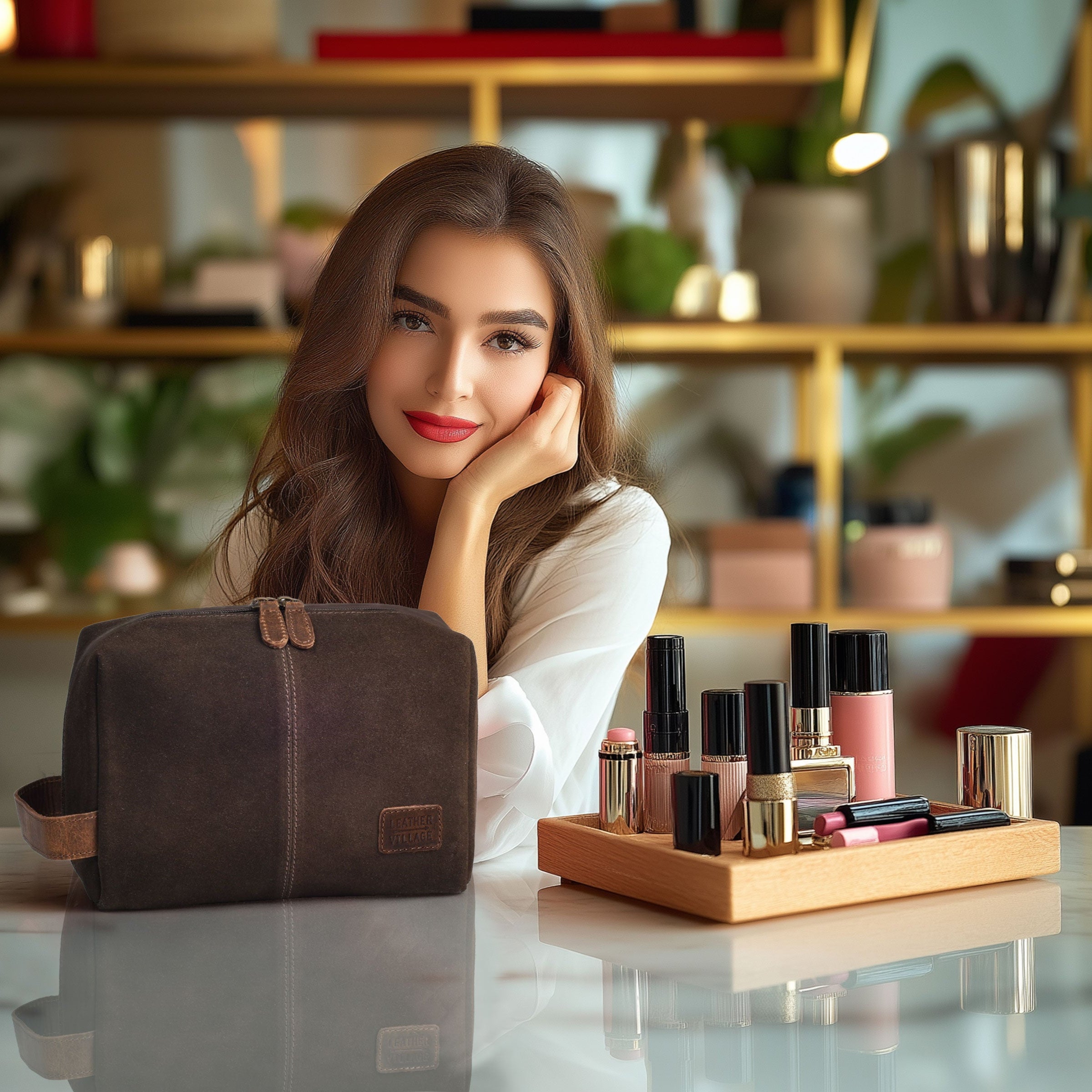 Travel Makeup Bag for Women – Large Capacity Suede Leather Cosmetic Pouch with Handle, Inner Pockets & Wide Opening – Flat Open Toiletry Organizer for Travel & Daily Use