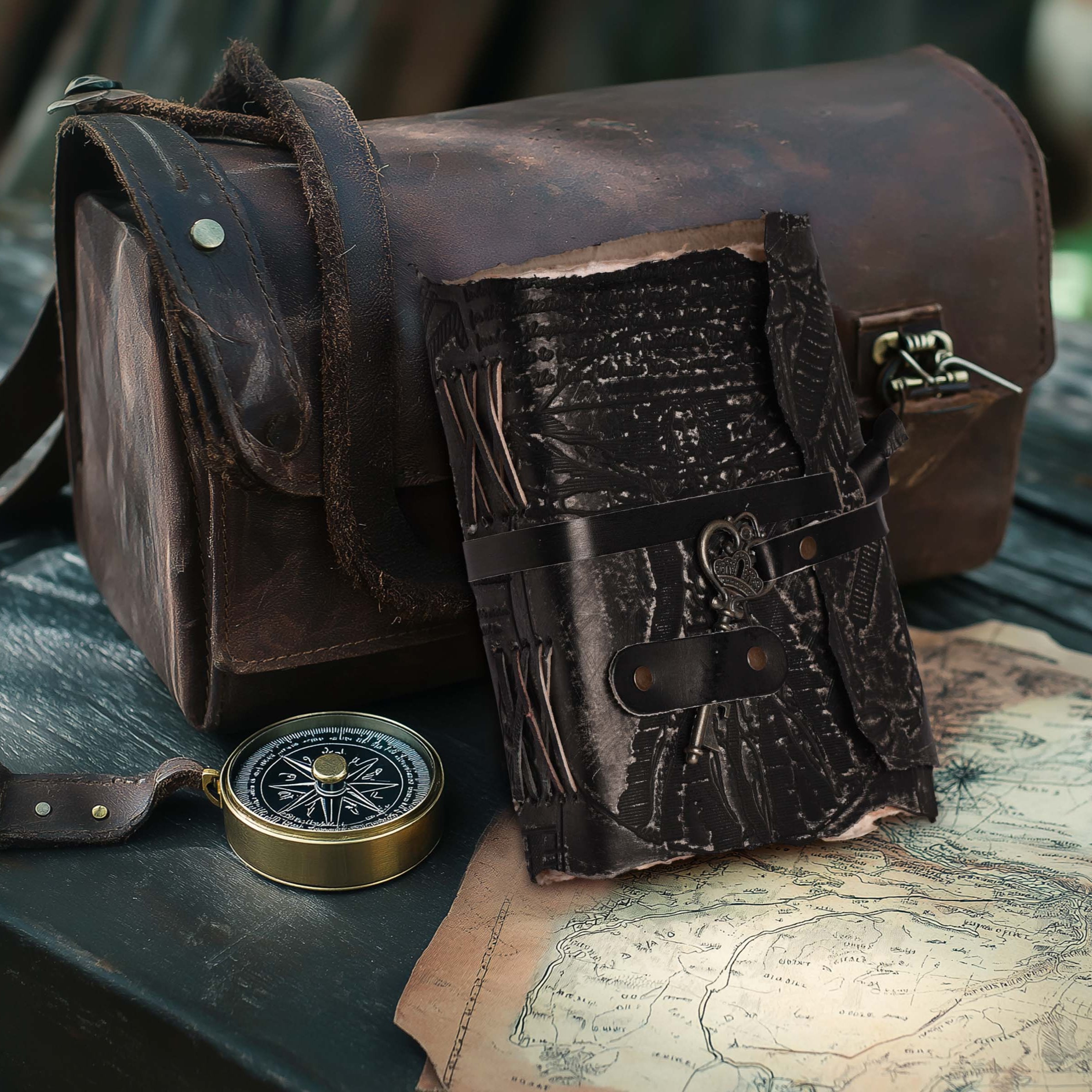 Genuine Leather Handmade Journal for Men & Women- Key Closure-Handmade Embossed Journal- 7x5 Inches- Black