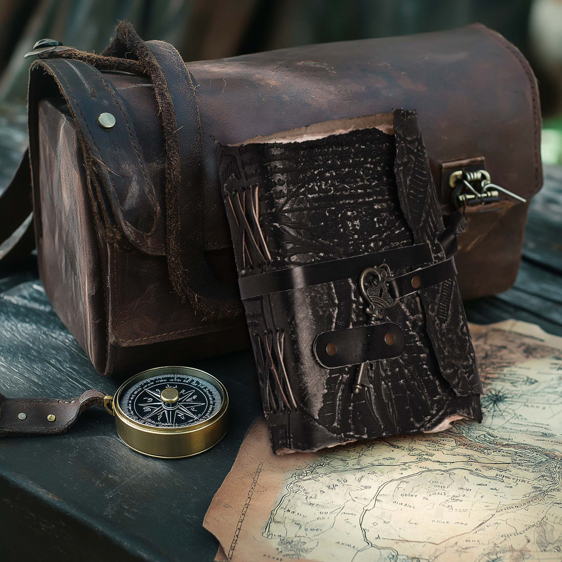 Genuine Leather Handmade Journal for Men & Women- Key Closure-Handmade Embossed Journal- 7x5 Inches- Black