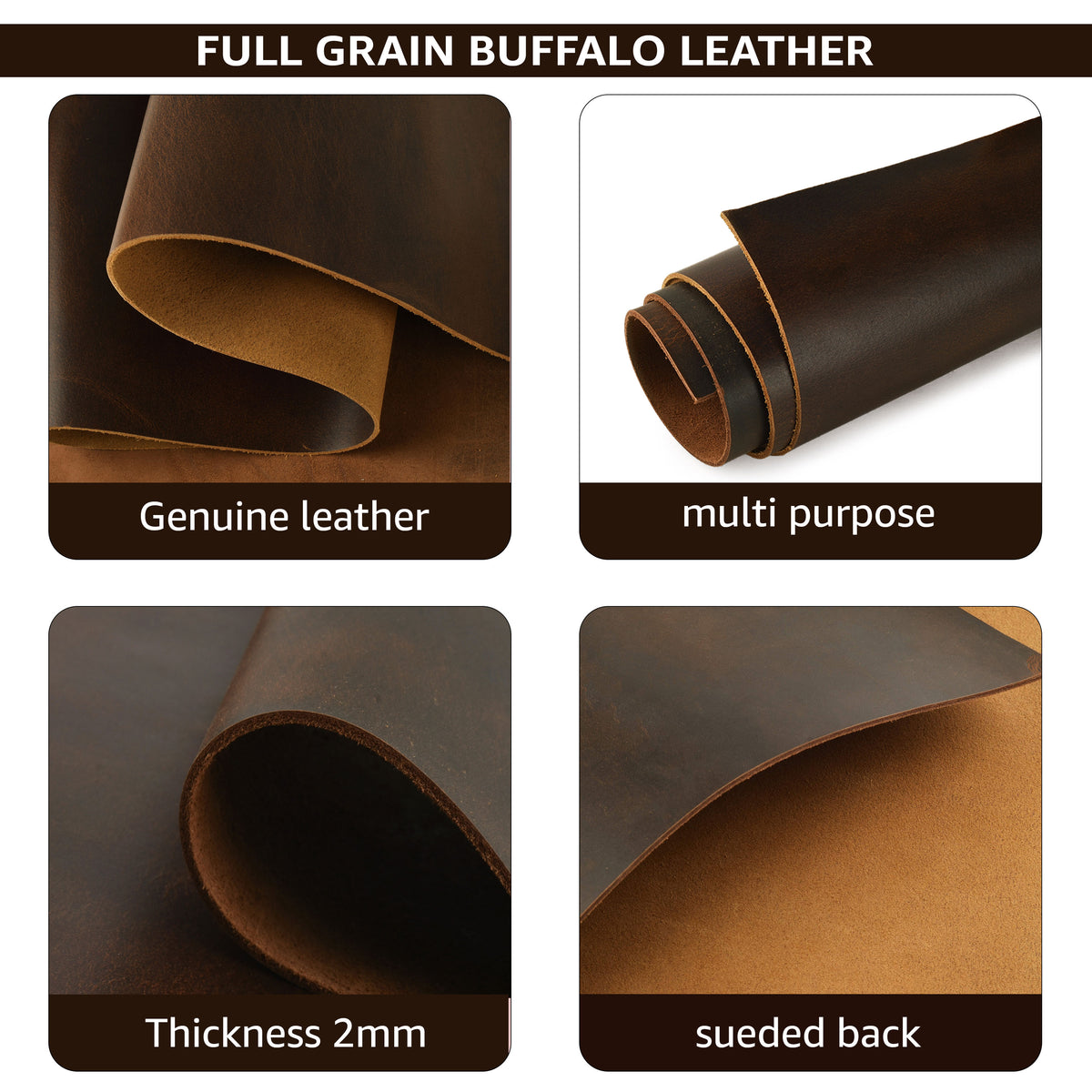 Full Grain Buff Leather Sheet - Dark Brown, 2mm Thick - Premium Craft Leather for Tooling, Upholstery, Workshops, and DIY Projects