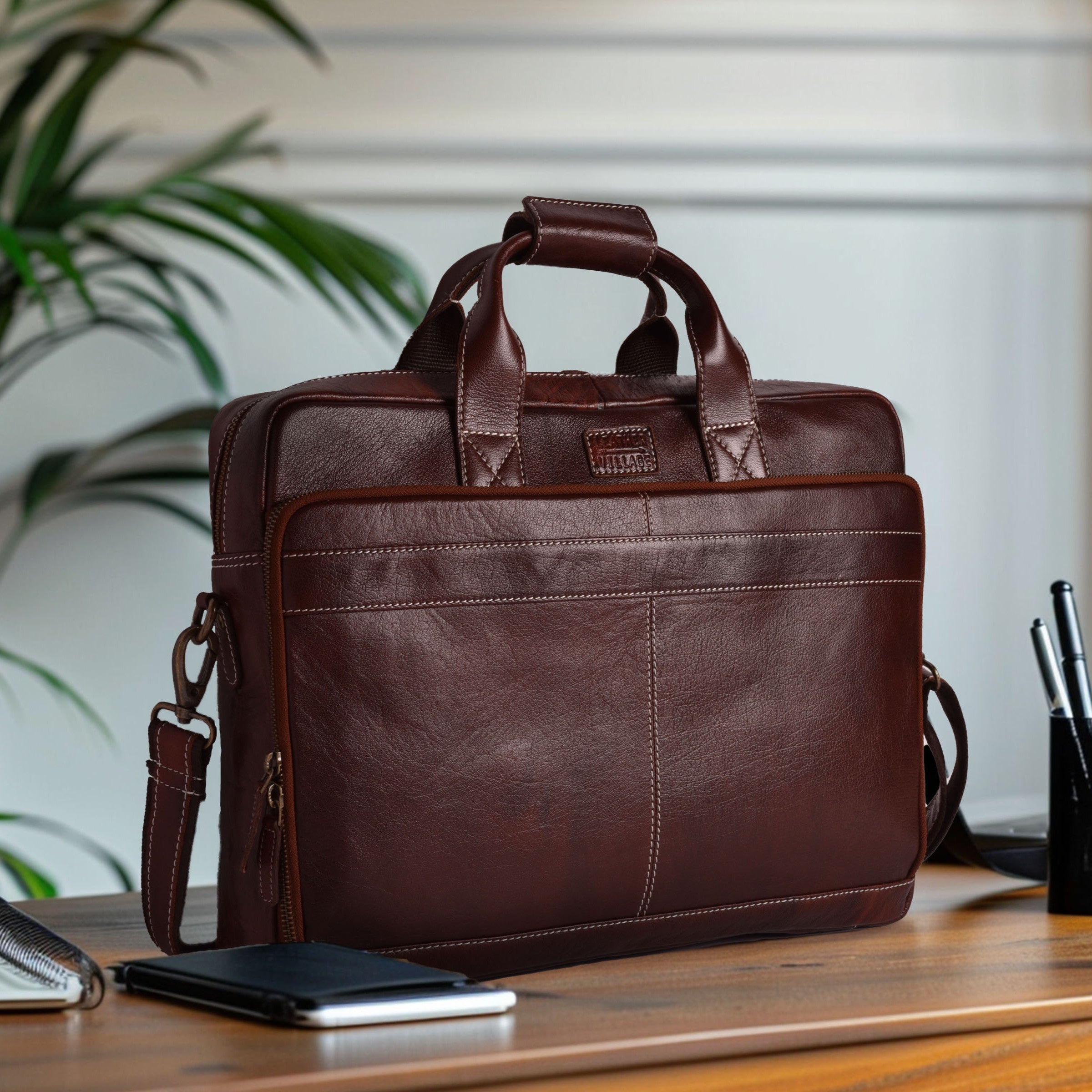Leather Laptop Messenger Briefcase Bag - RED