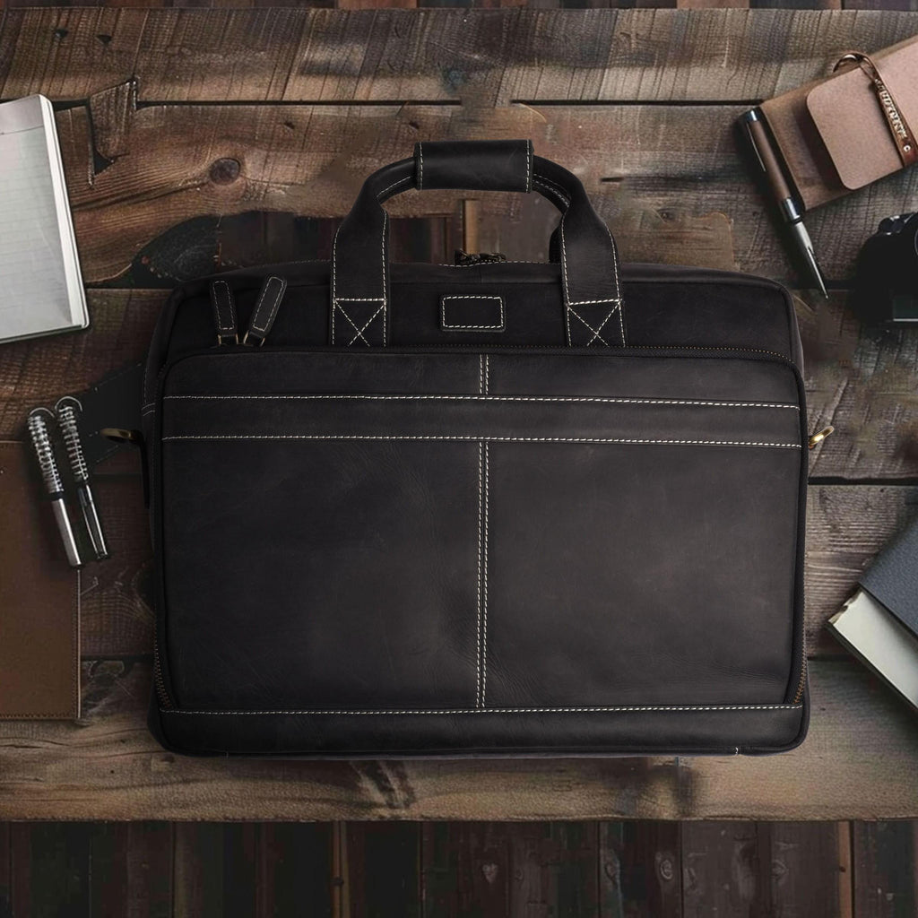 Leather Laptop Messenger Briefcase Bag - Black