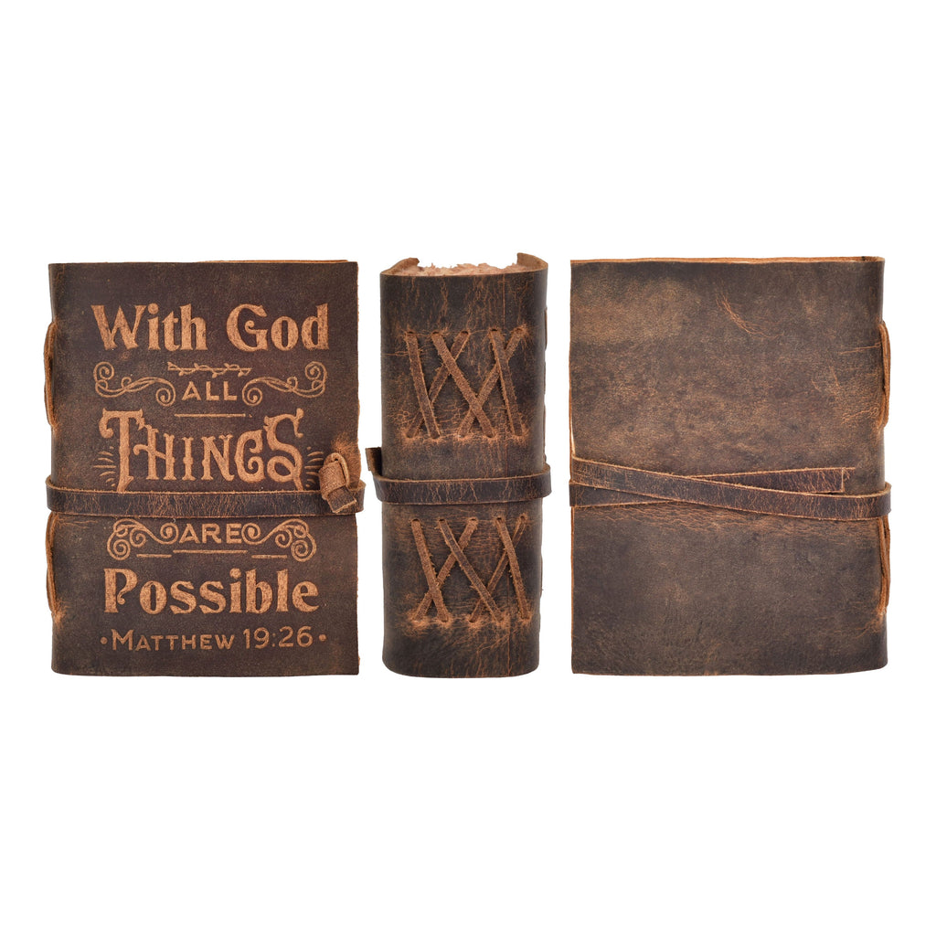 Vintage style leather Bible with With God All Things Are Possible quote
