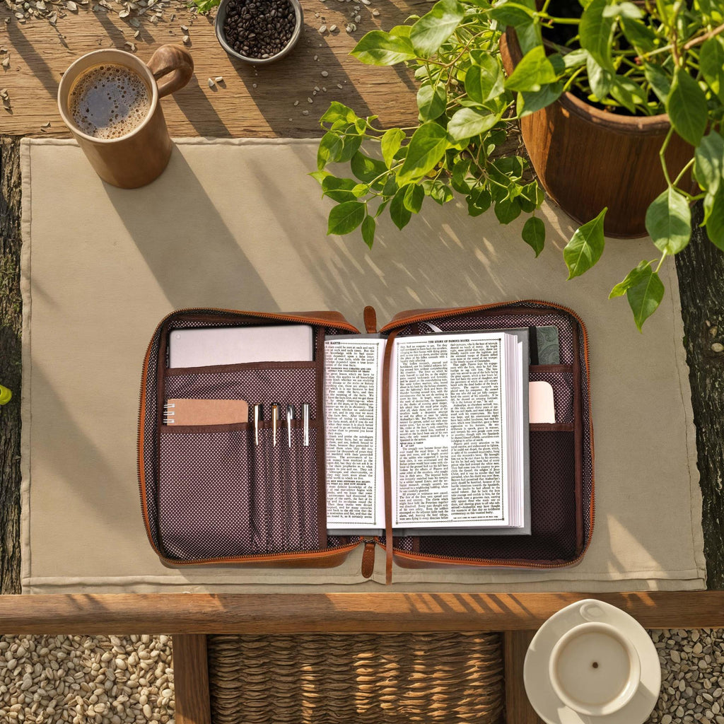 Premium brown leather Bible organizer with zip closure