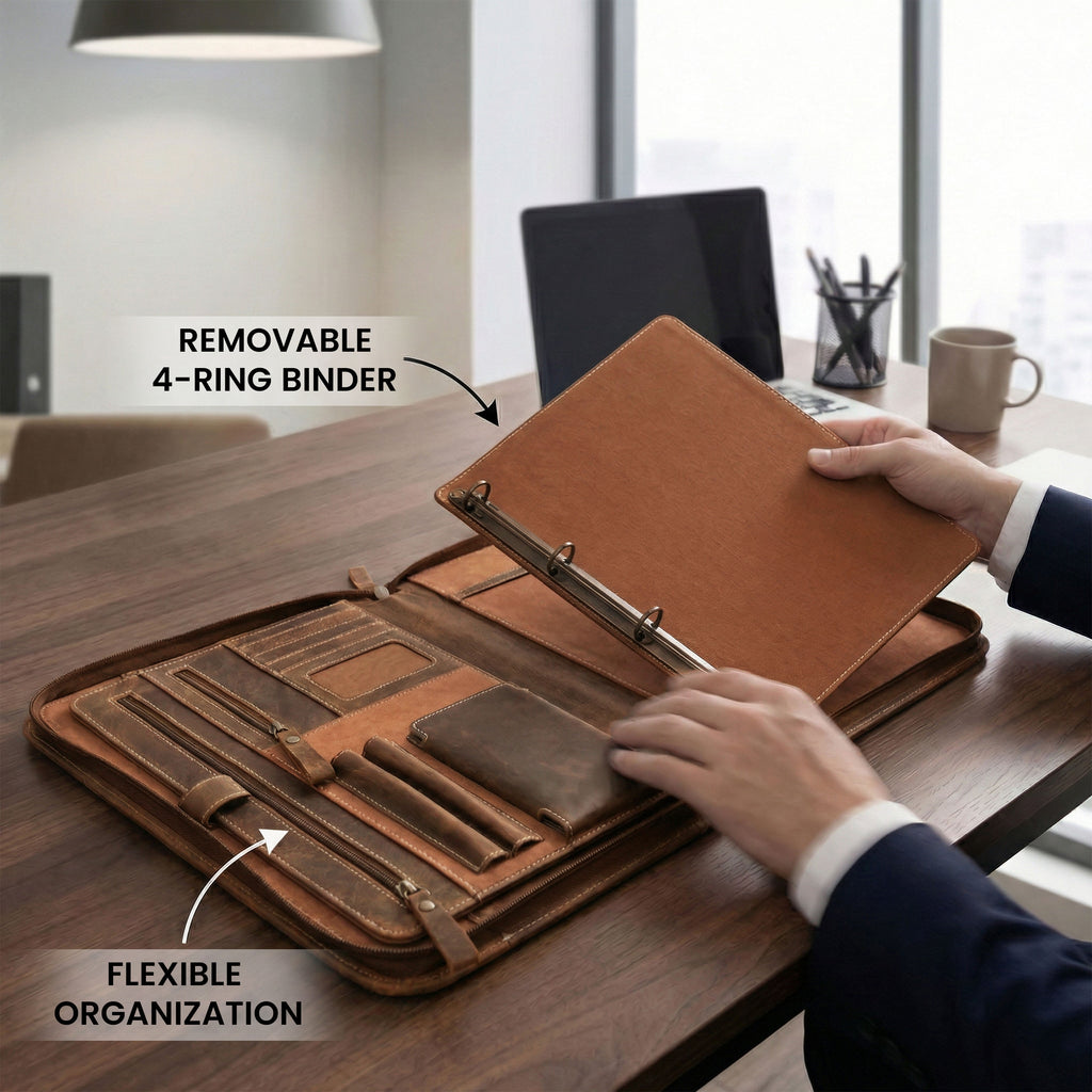 Leather Zipper Padfolio Ring Binder Organizer for Men & Women -Tan