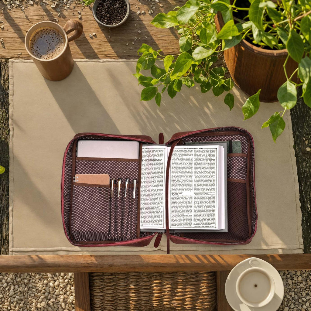Premium red leather Bible organizer with zip closure
