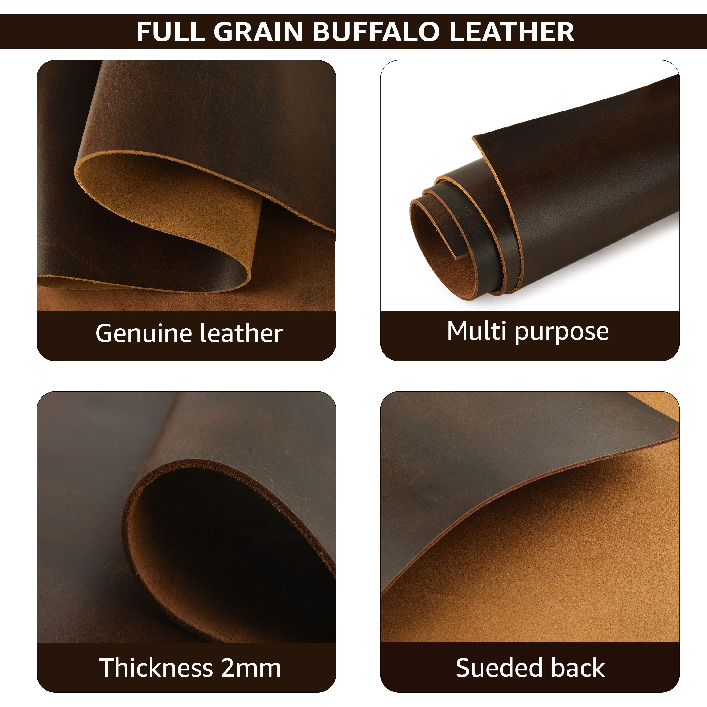 Genuine Leather Sheet - 12''x12'' Cowhide Leather for Crafts - 2mm Thick, Pack of 3 - Square Leather for Tooling, Wallet, Jewellery and DIY Projects