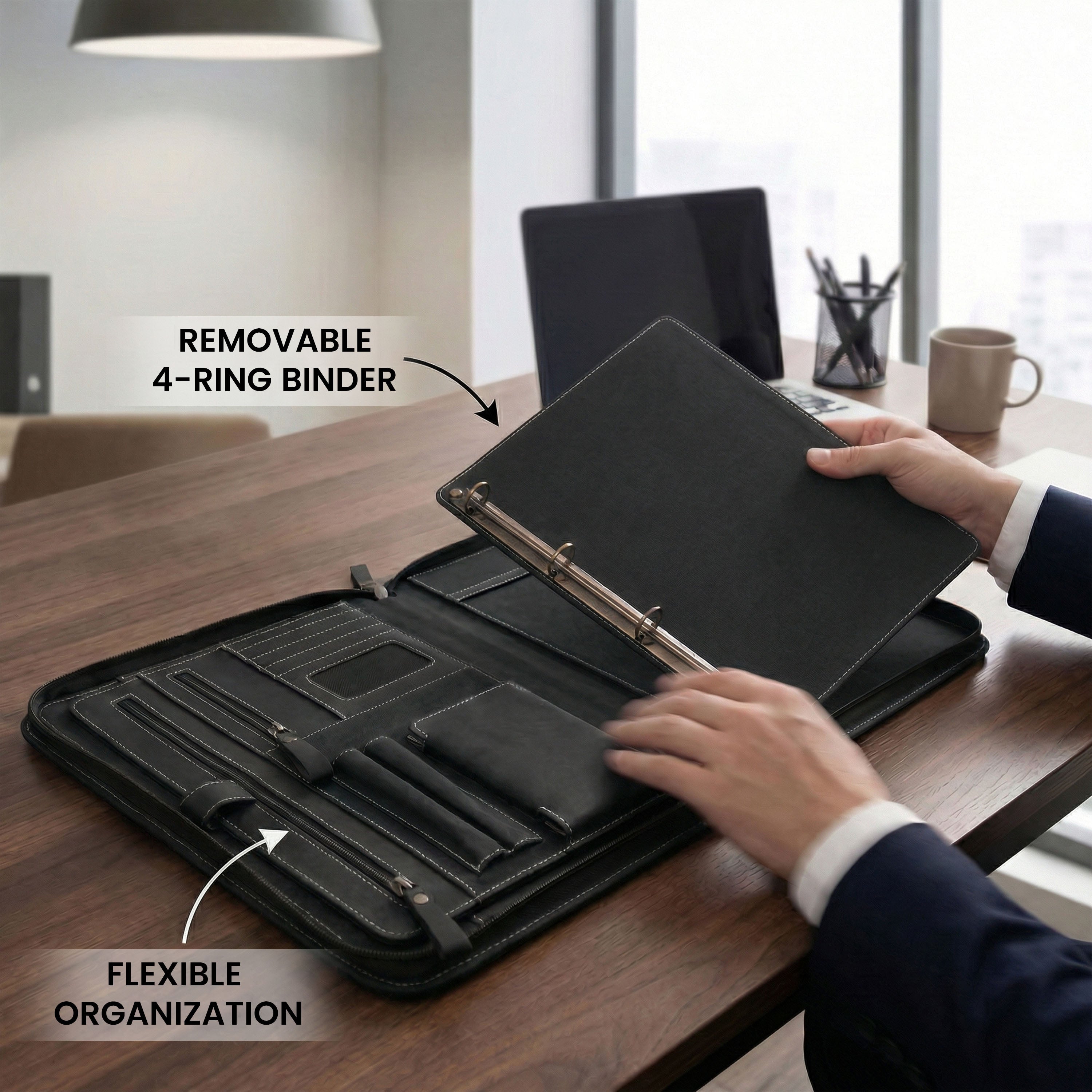 Leather Zipper Padfolio Ring Binder Organizer for Men & Women -Black