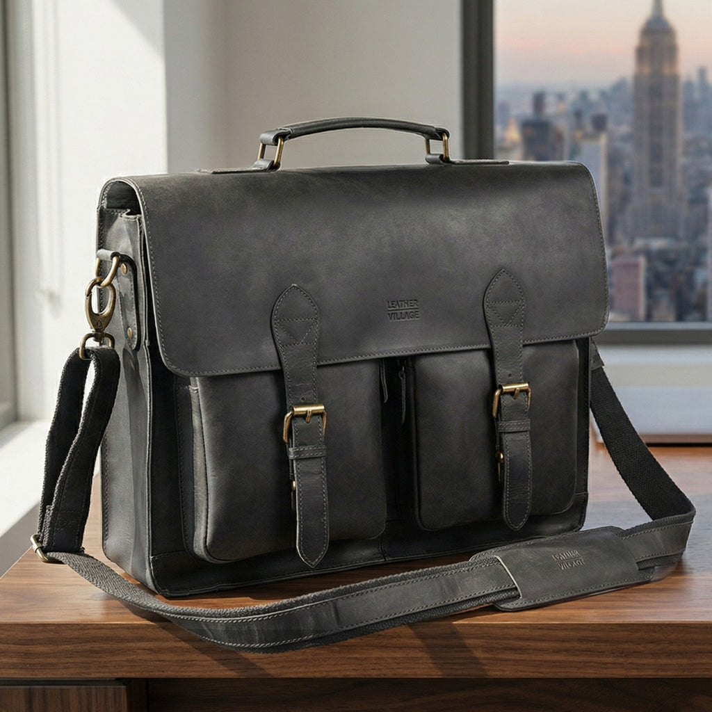 Briefcase Leather Messenger Bag - Black