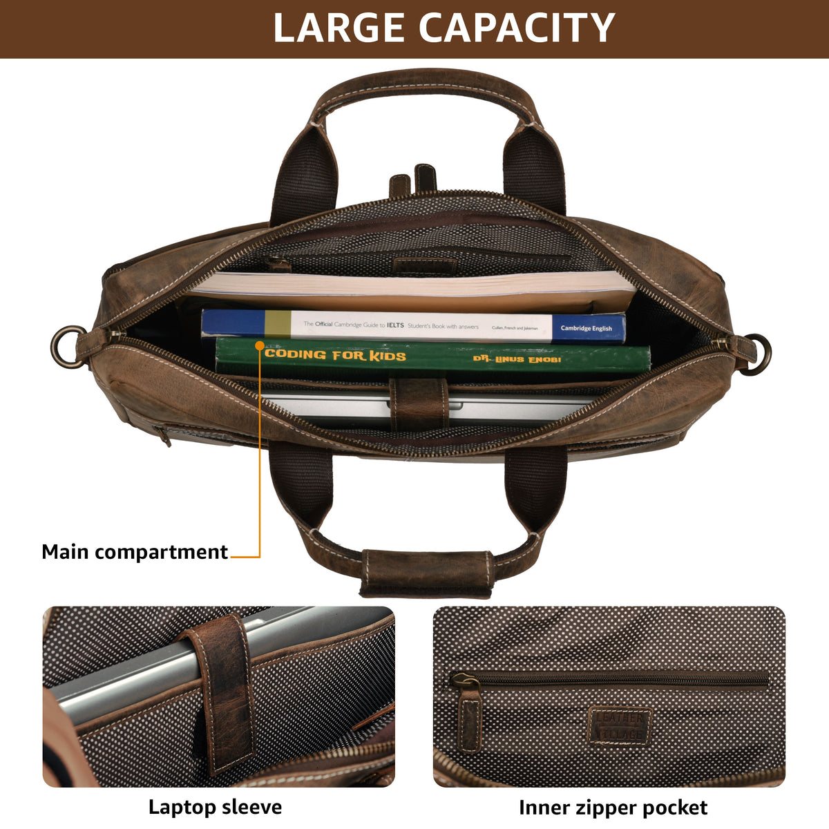 LEATHER VILLAGE 16" Leather Laptop Messenger Briefcase Bag for Men-Brown-Leather Satchel for Travel and Office Shoulder Bag