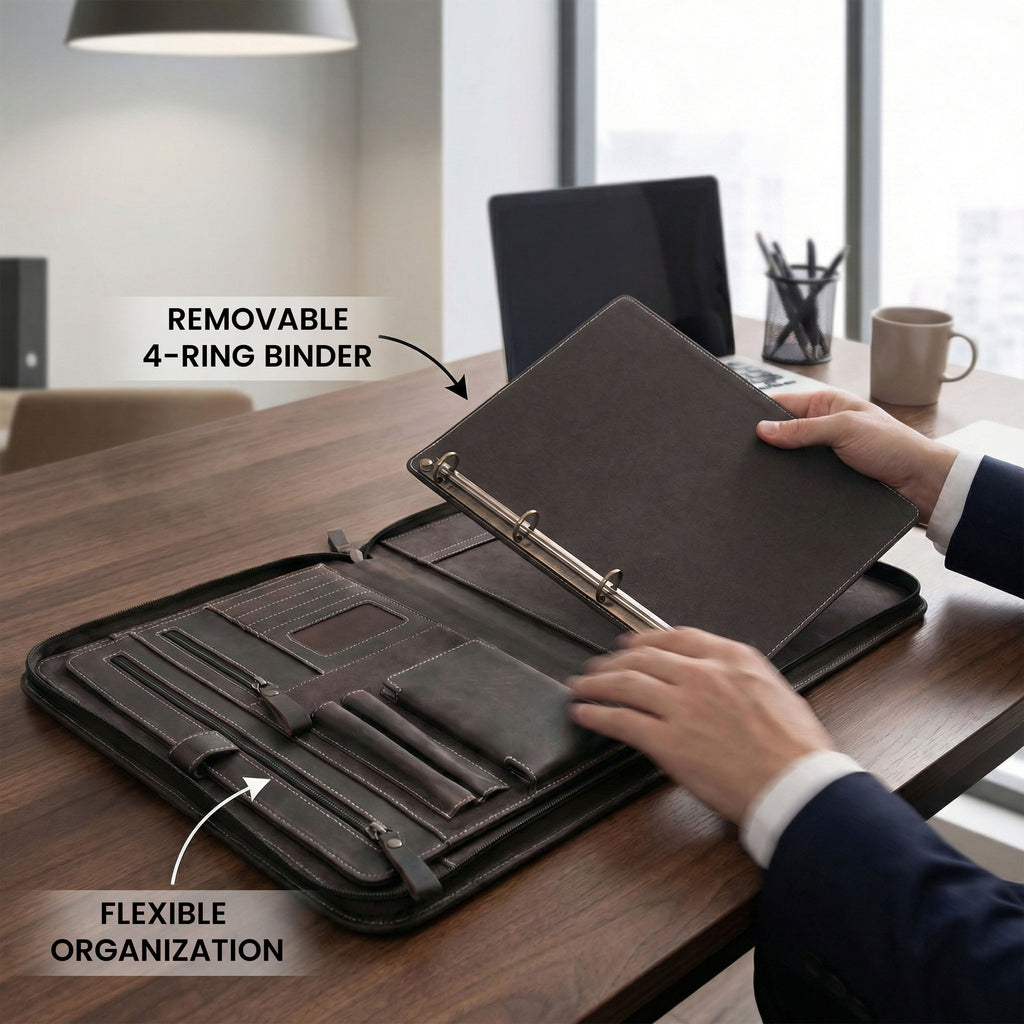 Leather Zipper Padfolio Ring Binder Organizer for Men & Women -Brown