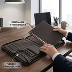 Leather Zipper Padfolio Ring Binder Organizer for Men & Women -Brown