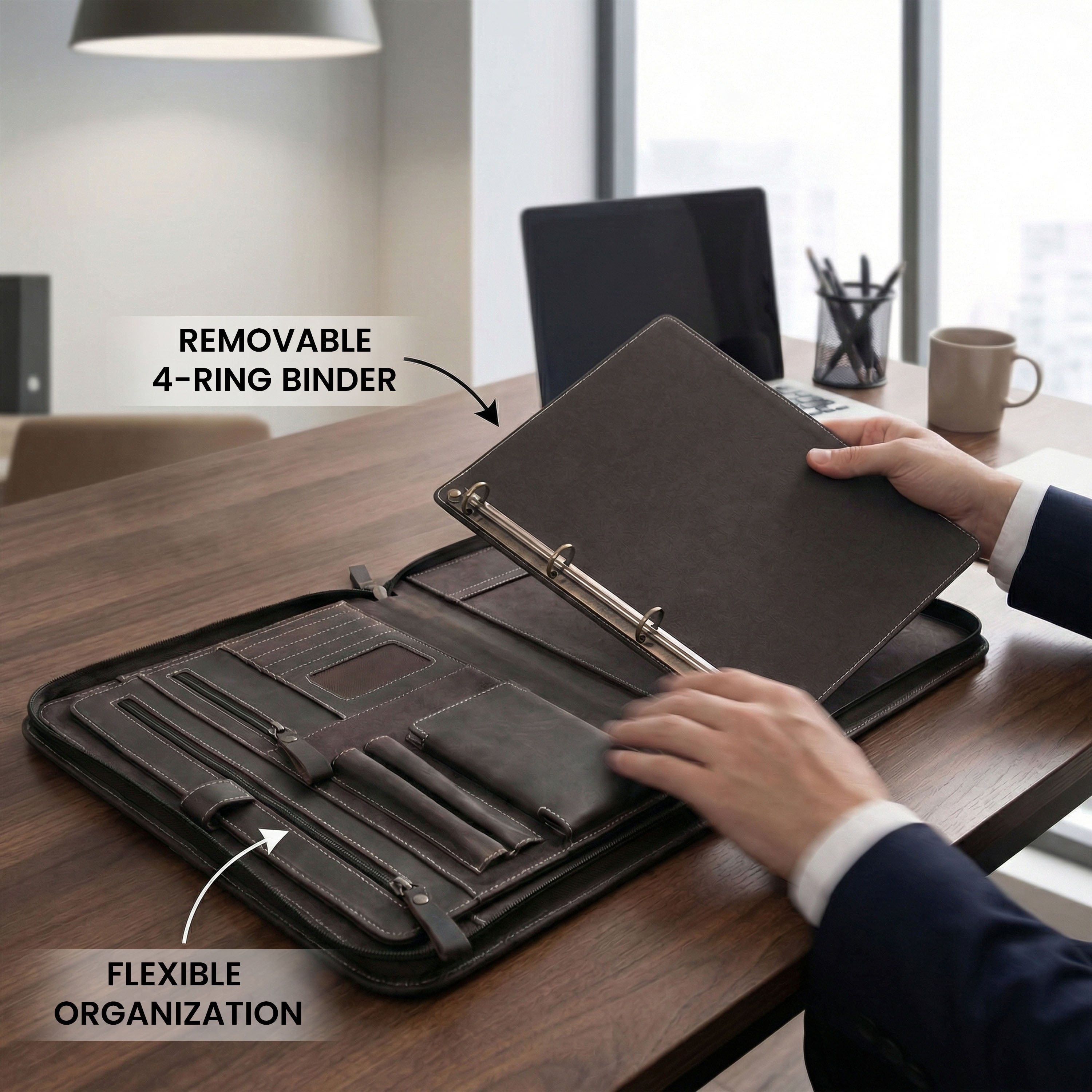 Leather Zipper Padfolio Ring Binder Organizer for Men & Women -Brown