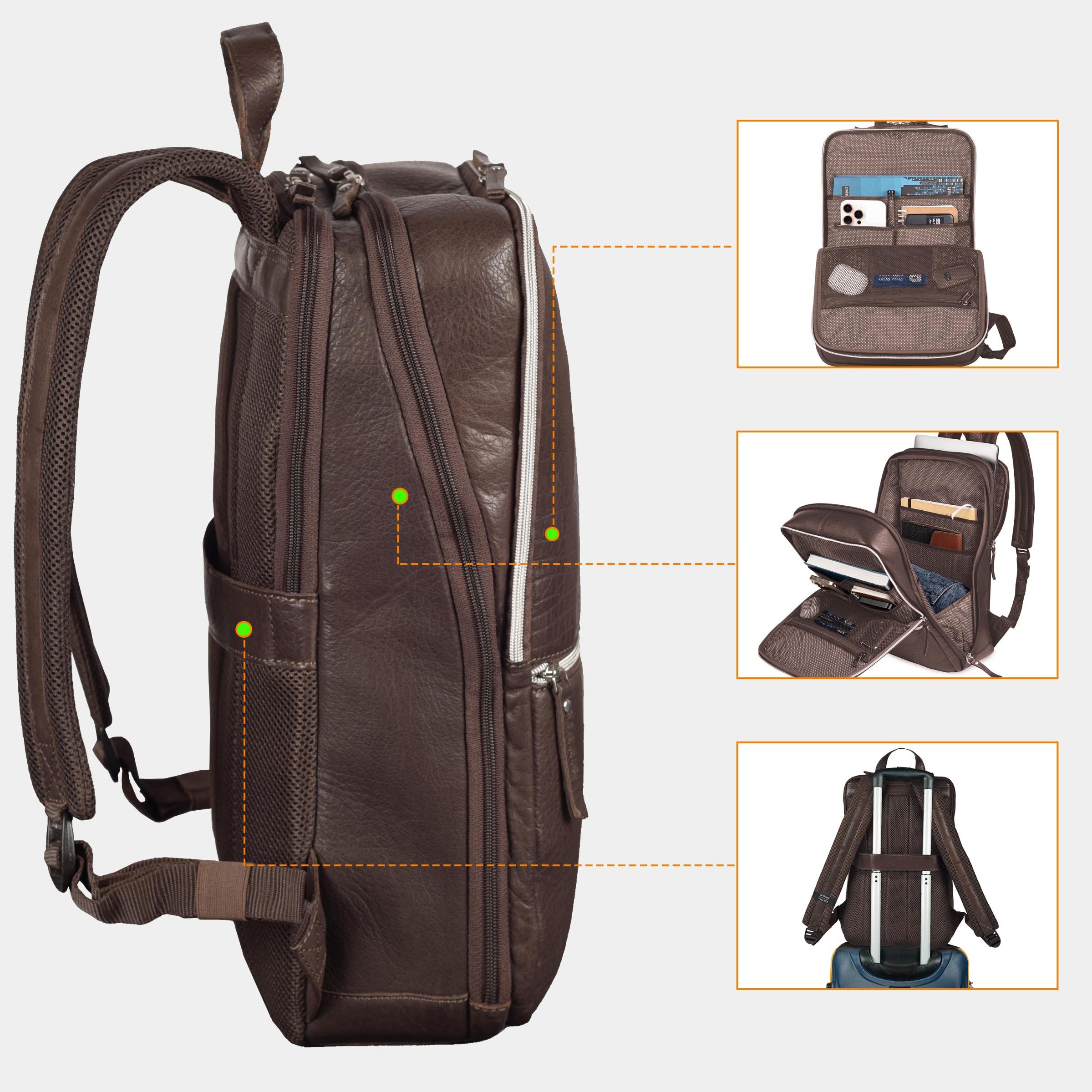 Dark Brown Leather Laptop Backpack for Work & Travel