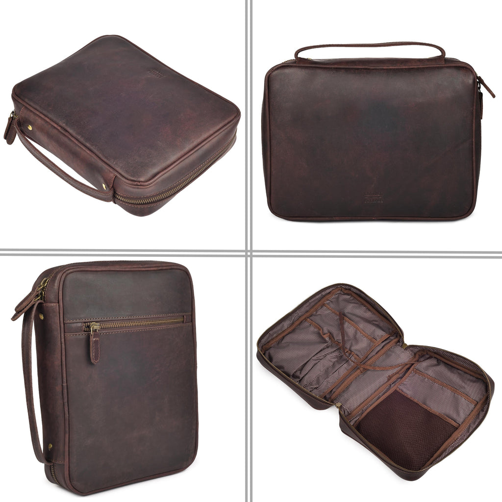 Premium distressed brown leather Bible organizer with zip closure